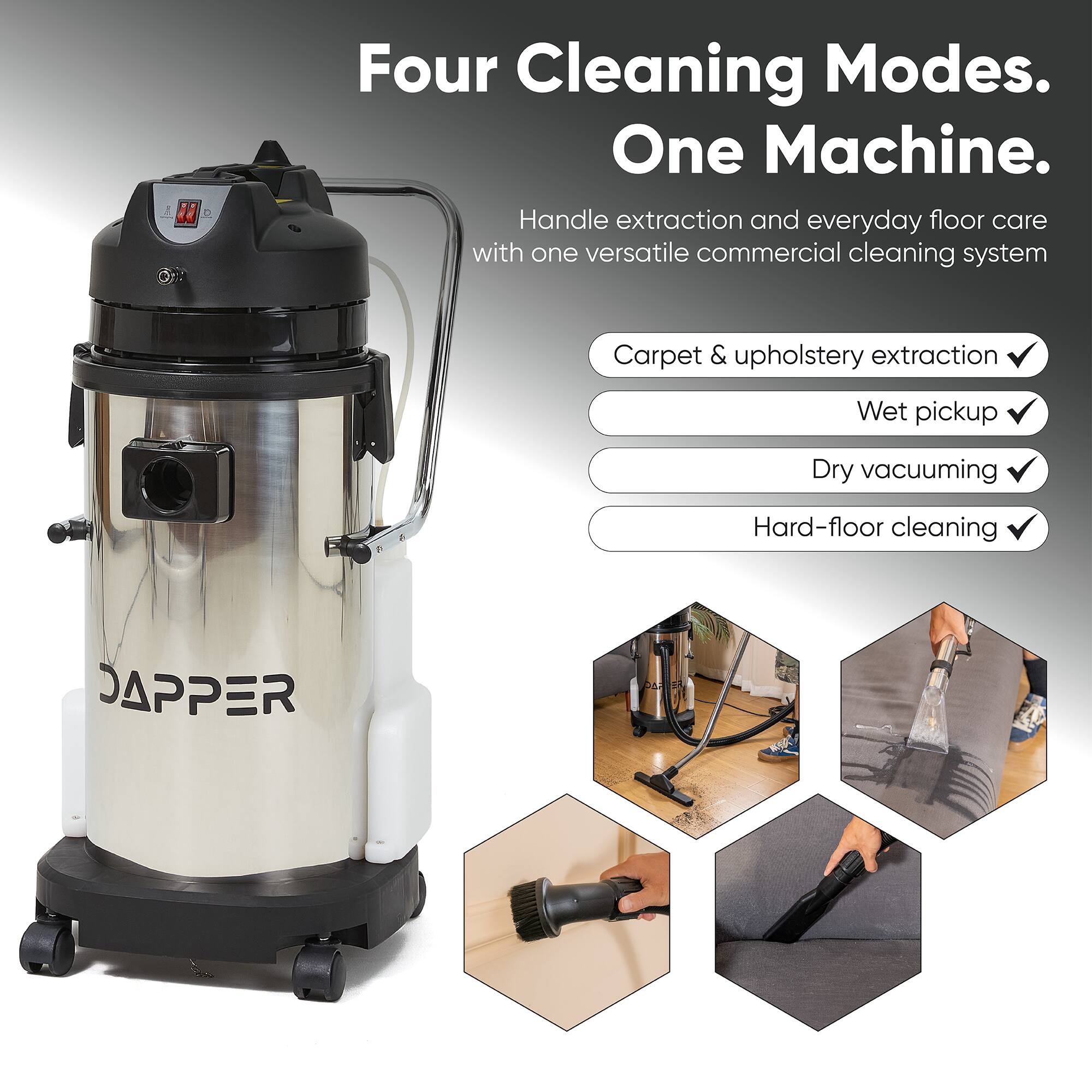 Four Cleaning Modes. One Machine.  
Handle extraction and everyday floor care with one versatile commercial cleaning system

- Carpet & upholstery extraction
- Wet pickup
- Dry vacuuming
- Hard-floor cleaning

JAPPER