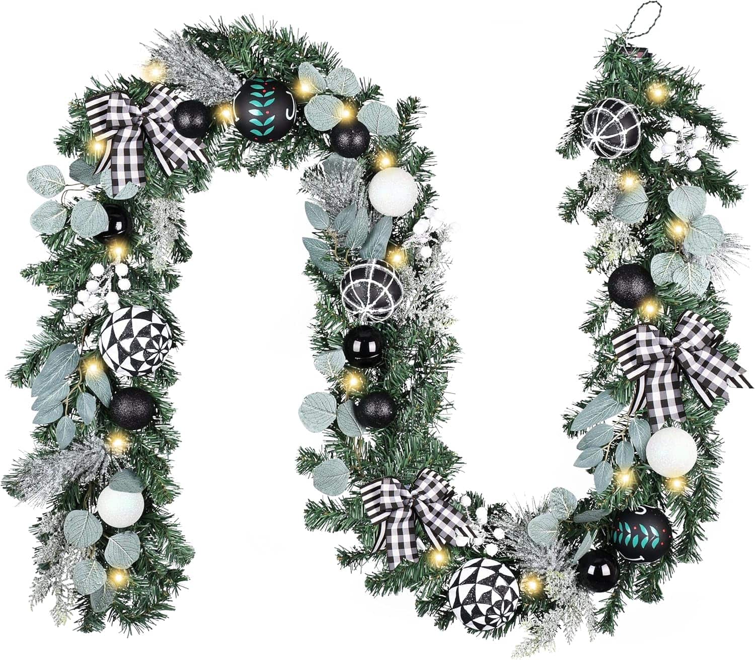 RTMB - 9' Pre-Lit Christmas Garland, Black & White, Indoor/Outdoor Holiday Decor - Black/ White