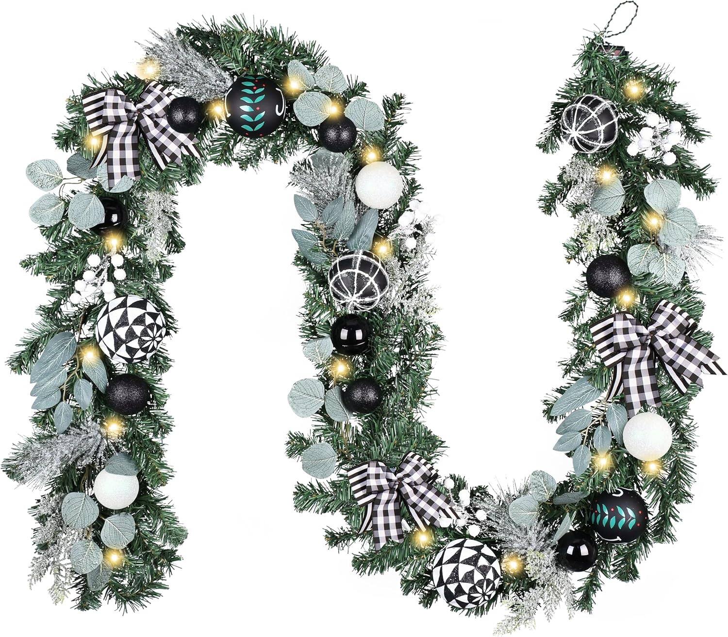 Front. RTMB - 9' Pre-Lit Christmas Garland, Black & White, Indoor/Outdoor Holiday Decor - Black/ White.