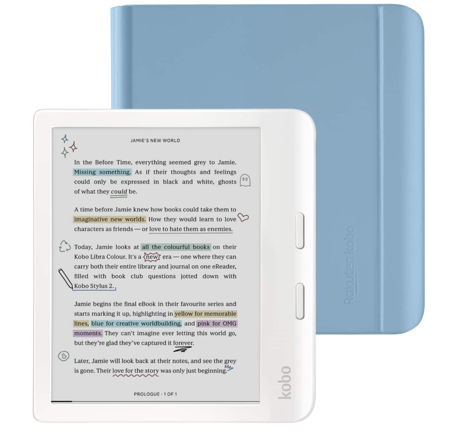 Kobo - Libra Colour (White) eReader with Bundle - 2024 - Dusk Blue Notebook SleepCover