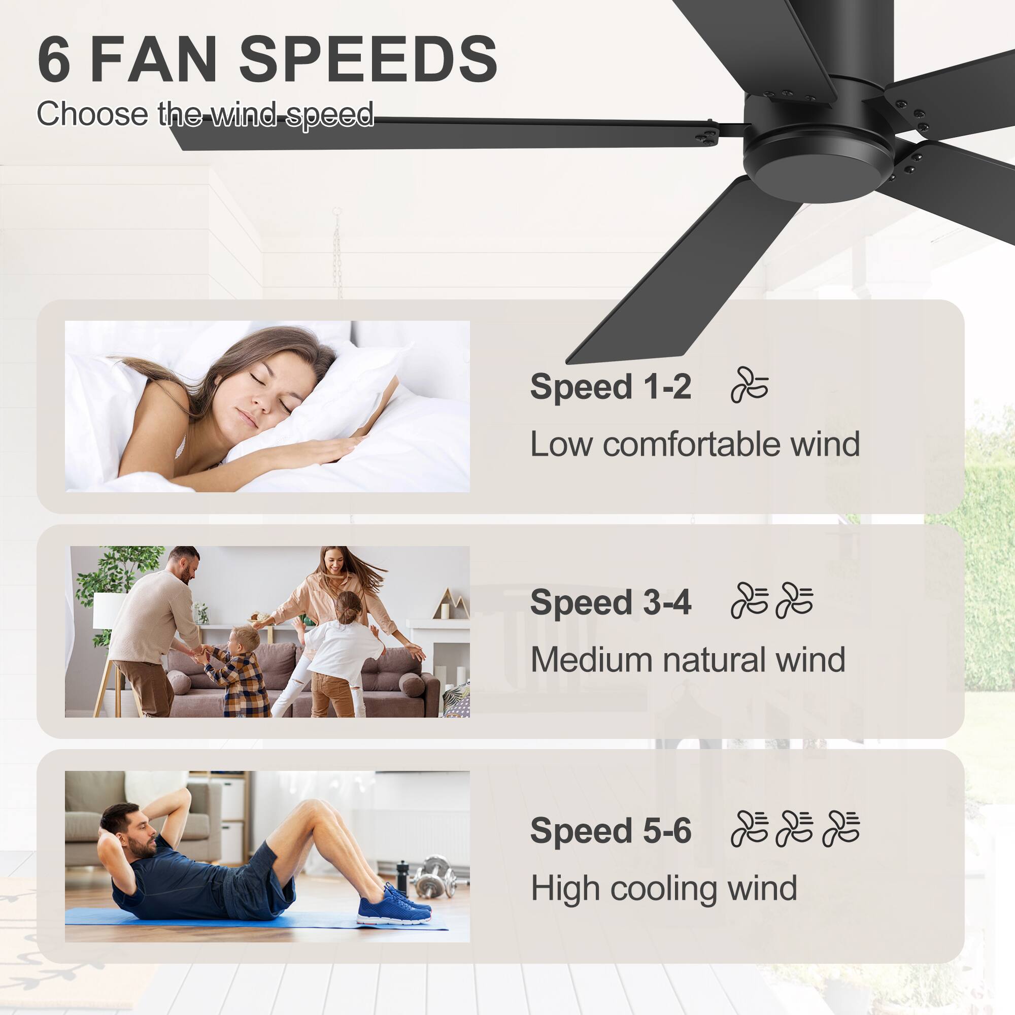 6 FAN SPEEDS  
Choose the wind speed

Speed 1-2  
Low comfortable wind

Speed 3-4  
Medium natural wind

Speed 5-6  
High cooling wind