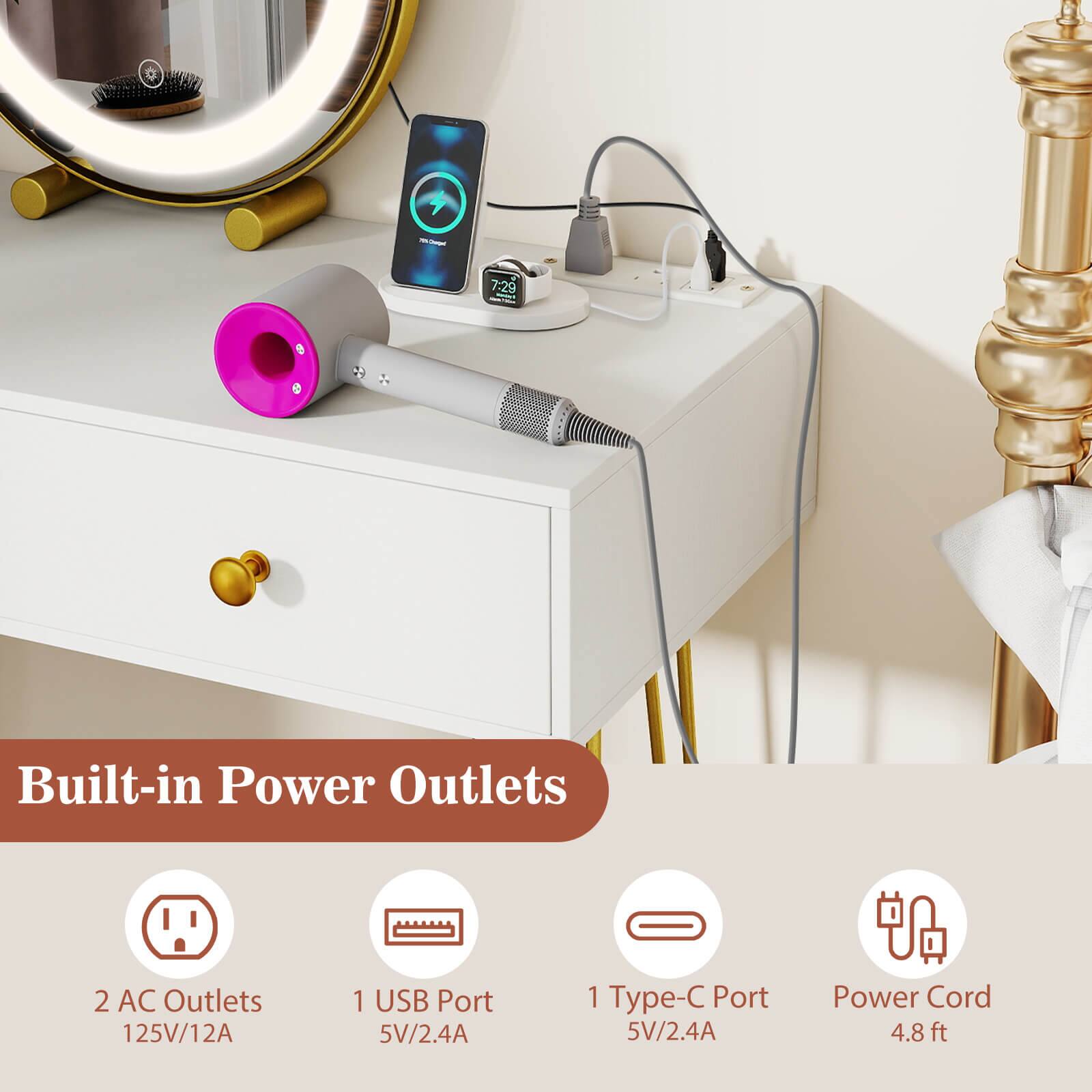 7:28  
Built-in Power Outlets  
2 AC Outlets 125V/12A  
1 USB Port 5V/2.4A  
1 Type-C Port 5V/2.4A  
Power Cord 4.8 ft