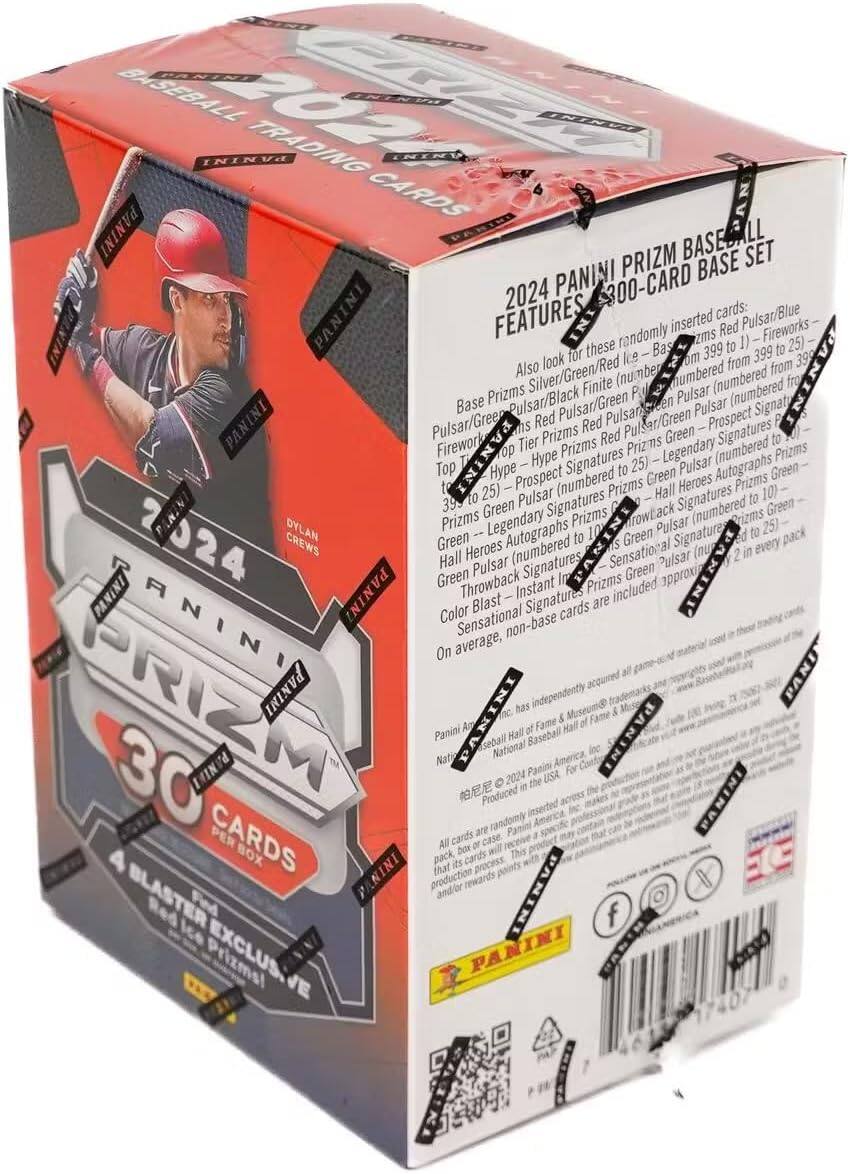 BASEBALL TRADING CARDS  
2024 PANINI PRIZM BASE SET  
300-CARD BASE SET  

FEATURES:  
- Pulsar/Blue randomly inserted cards:  
  - Pulsar/Red Fireworks (numbered from 399 to 1)  
  - Pulsar/Red (numbered from 399 to 25)  
  - Pulsar/Silver/Green/Red Finite (numbered from 399 to 25)  
  - Pulsar/Black (numbered from 399 to 25)  
  - Pulsar/Green (numbered from 399 to 25)  
  - Pulsar/Green Prospect Signatures (numbered from 399 to 25)  
  - Pulsar/Green Top Tier Prizms (numbered from 399 to 25)  
  - Pulsar/Green Hype Prizms (numbered from 399 to 25)  
  - Pulsar/Green Legendary Prizms (numbered from 399 to 25)  
  -
