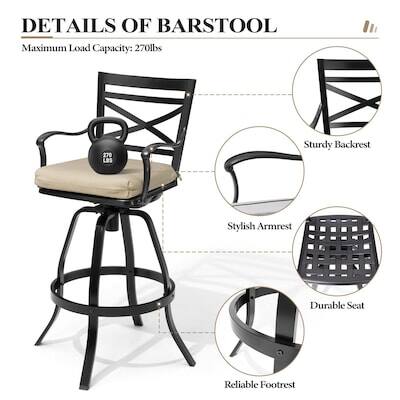 DETAILS OF BARSTOOL  
Maximum Load Capacity: 270lbs  
Sturdy Backrest  
Stylish Armrest  
Durable Seat  
Reliable Footrest