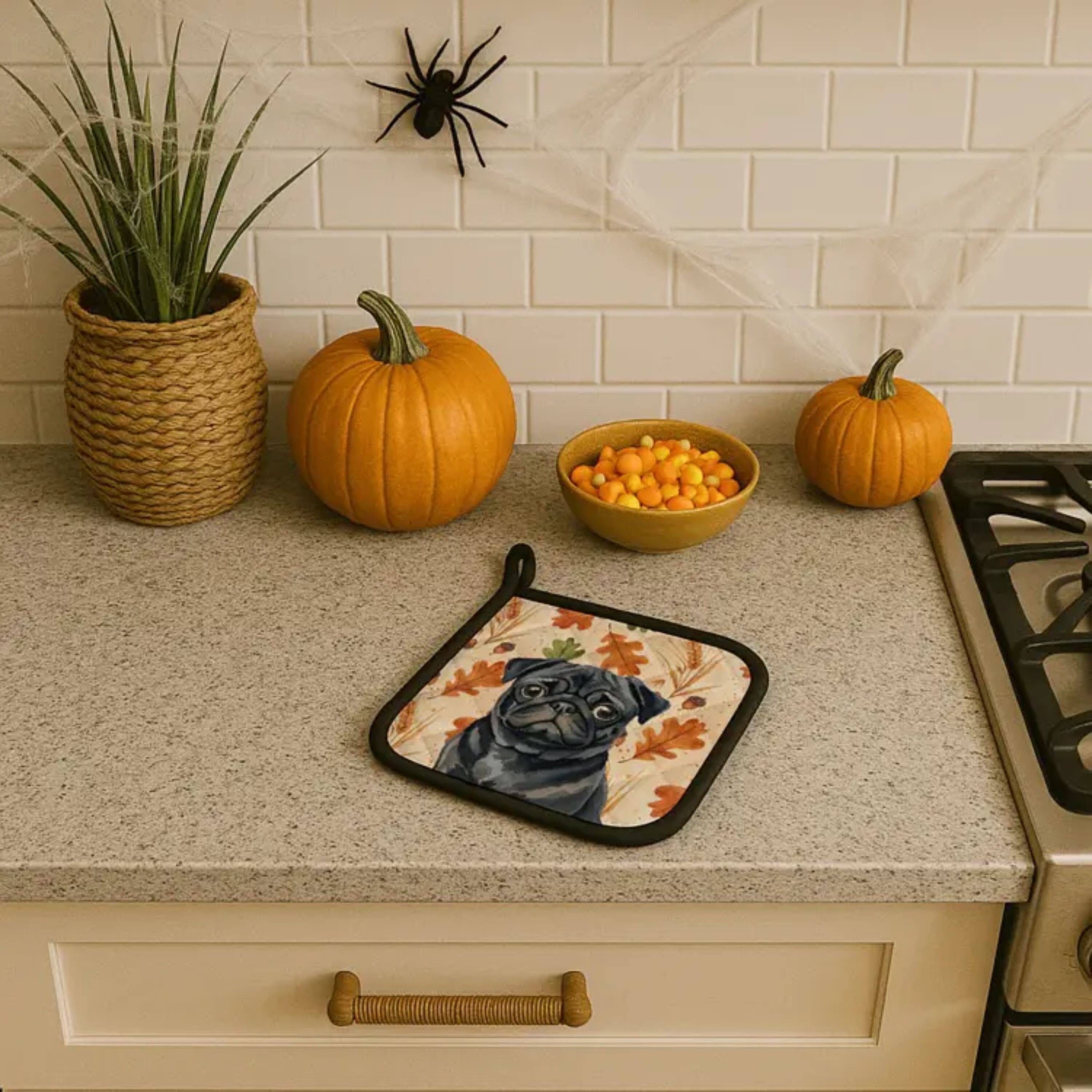 Left. Kitcheniva - 7.5" x 7.5" Fall Kitchen Pot Holders 2 Pcs Pug Black - Multicolor.