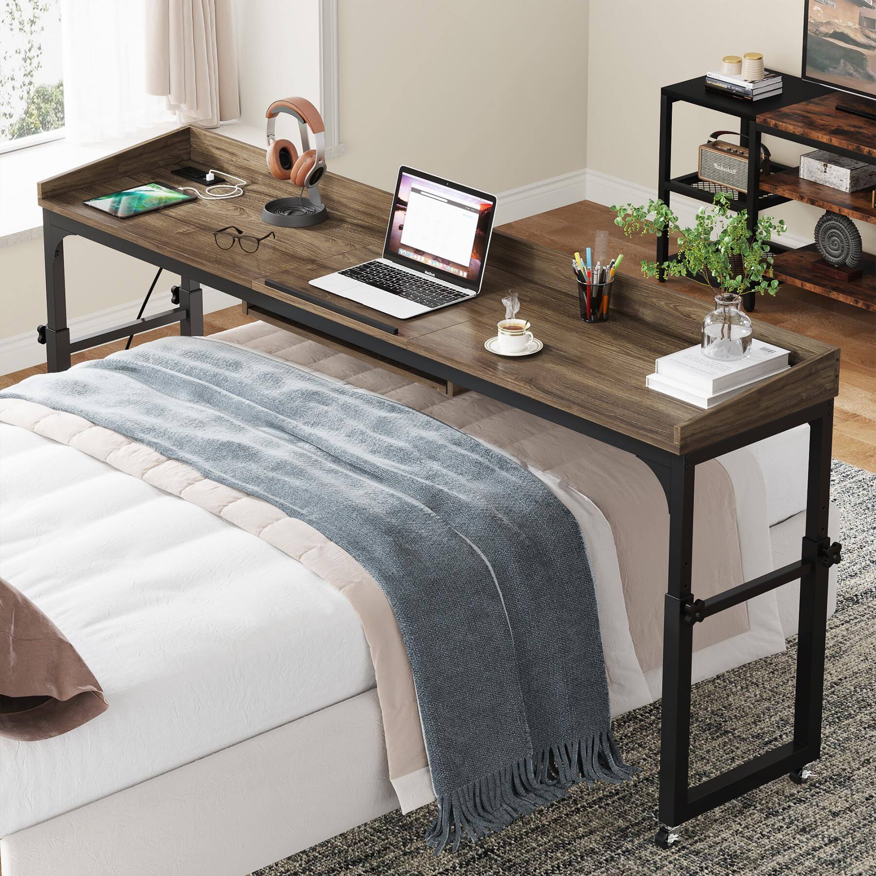 Alt View 2. Tribesigns - 70.9-Inch Height-Adjustable Overbed Desk with Wheels and Tilting Laptop Stand for Bedroom - Dark Gray.