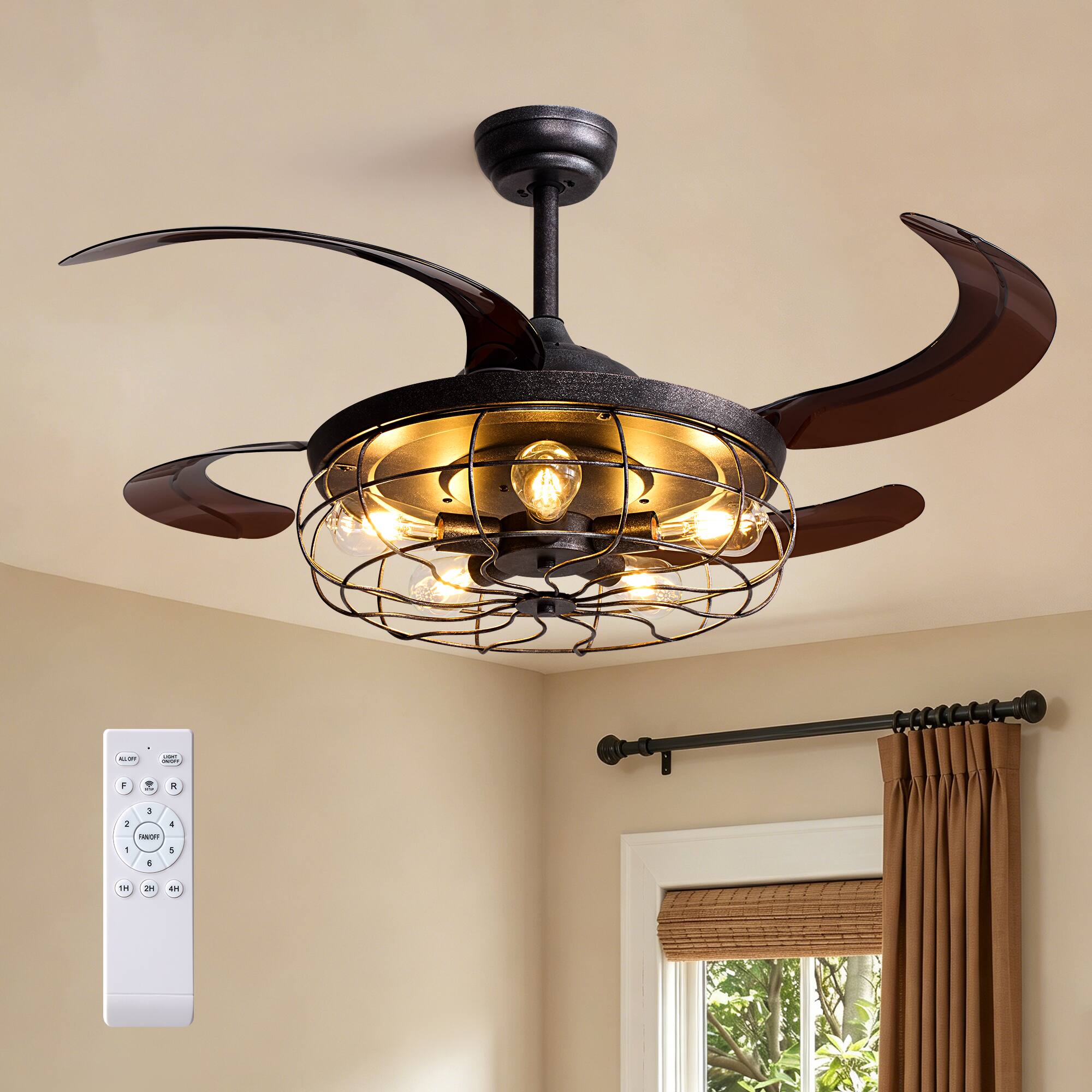 Angle. Siljoy - 48 Inch Vintage Metal Cage Retractable Ceiling Fan Light 5 Dimmable Lamps Adjustable Downrod for Living Room Dining Room - Brown.
