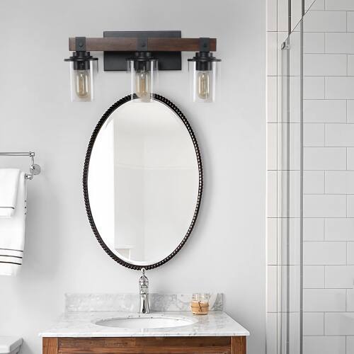 Alt View 2. LUCKY ONE - 19in Rustic 3-Light Vanity Light, Industrial Farmhouse Bathroom Sconce with Wood Accent - Walnut.