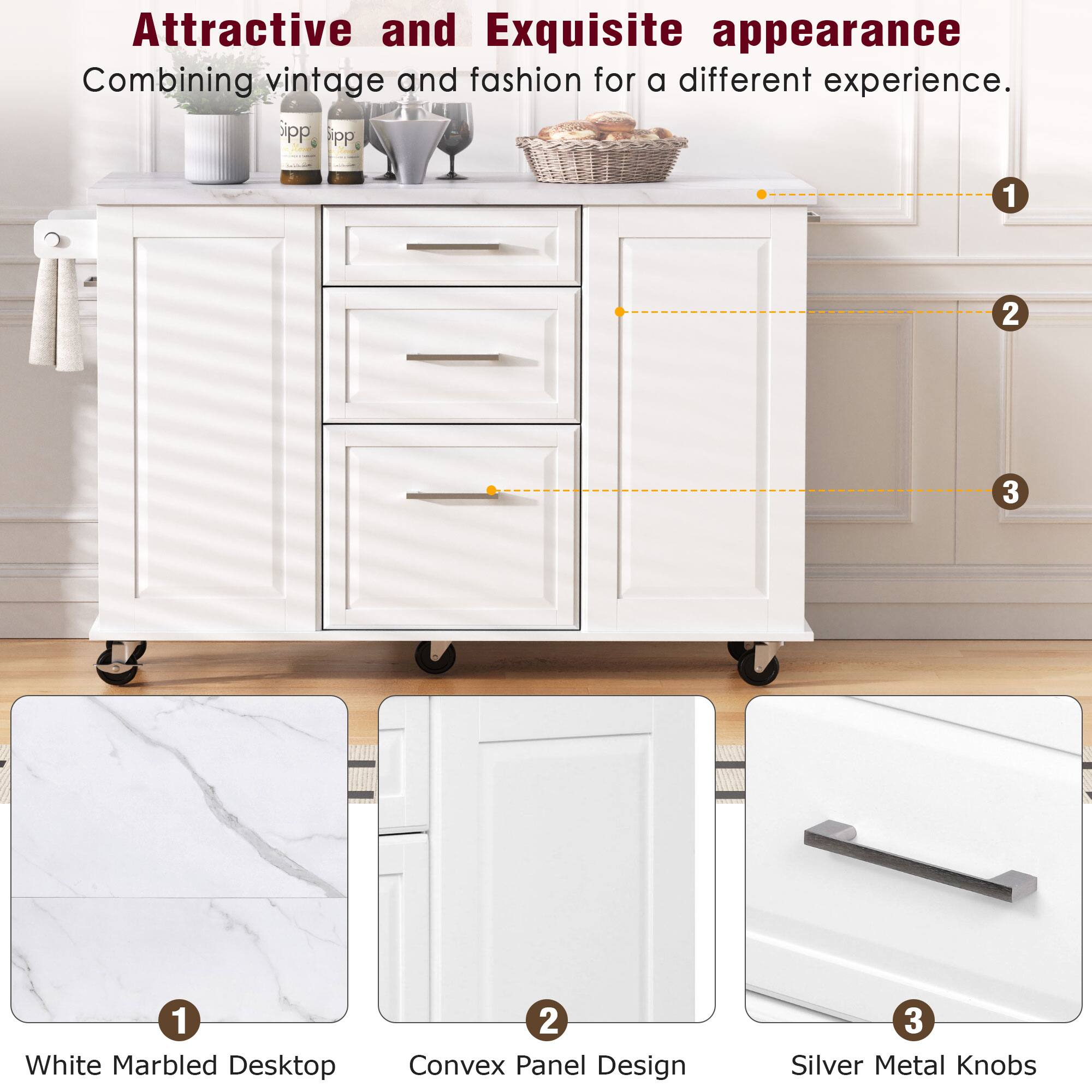 Attractive and Exquisite appearance  
Combining vintage and fashion for a different experience.

1. White Marbled Desktop  
2. Convex Panel Design  
3. Silver Metal Knobs