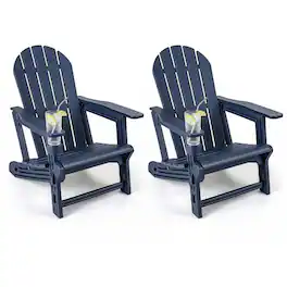 Gymax - 2PCS Adirondack Chair w/ Cup Holder & Wooden Texture Outdoor Plastic Chair - Blue