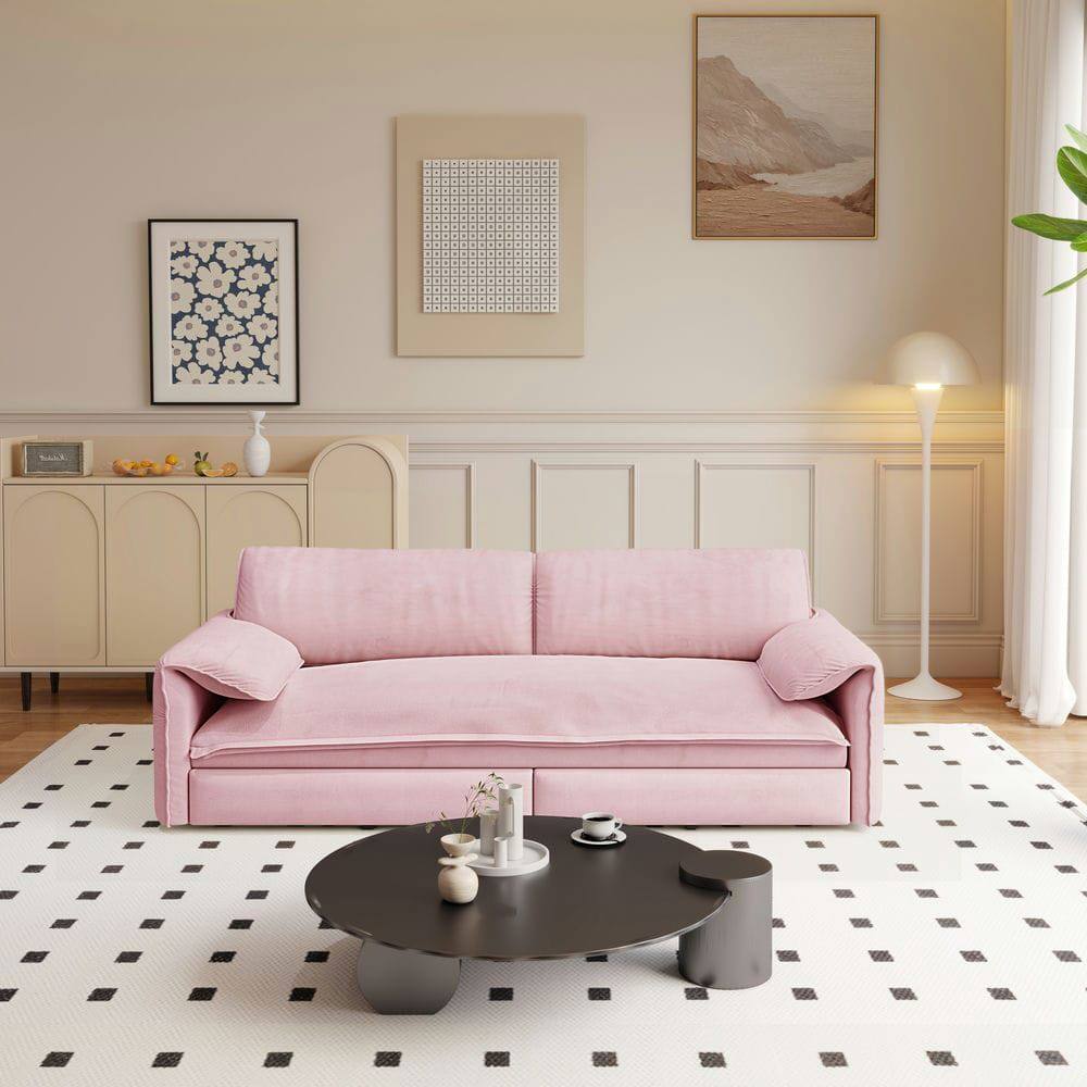 Angle. Kadyn - 66" Queen Pull Out Sofa Bed, 3-in-1 Convertible Sleeper with Side Storage, Velvet Loveseat - Pink.
