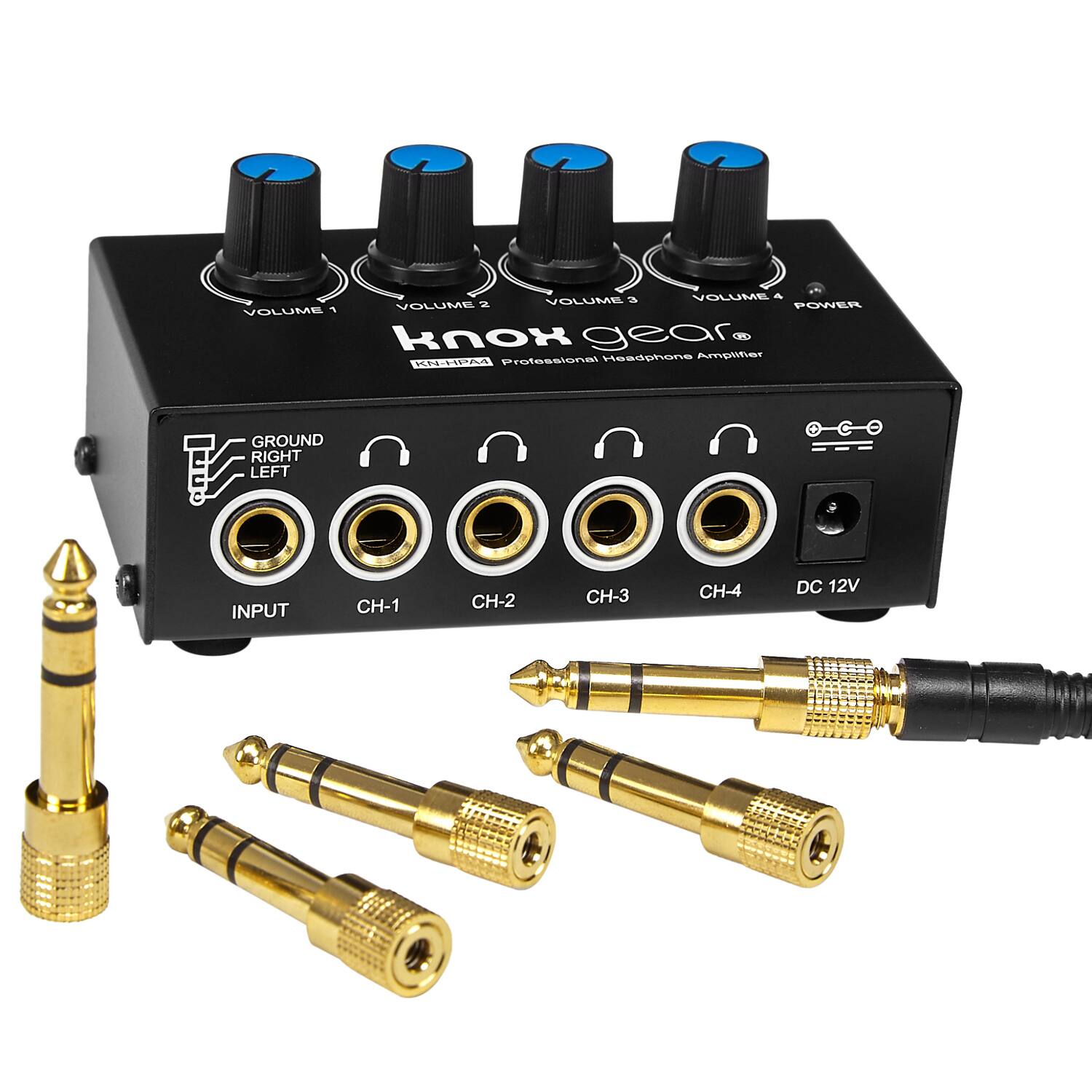 Knox Gear Professional Headphone Amplifier HPN-100. This device has a ground, right, left, and input for CH-1, CH-2, CH-3, and CH-4. The device also has a DC 12V input.