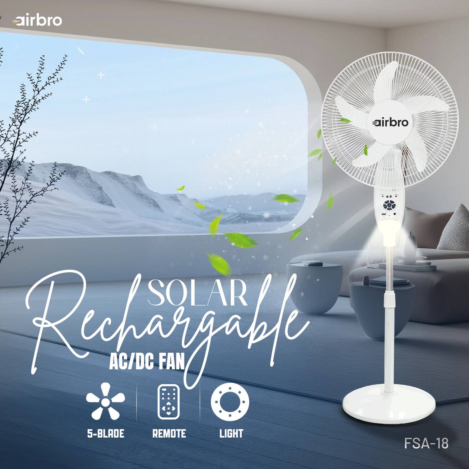 airbro airbro SOLAR Rechargeable AC/DC FAN 5-BLADE REMOTE LIGHT FSA-18