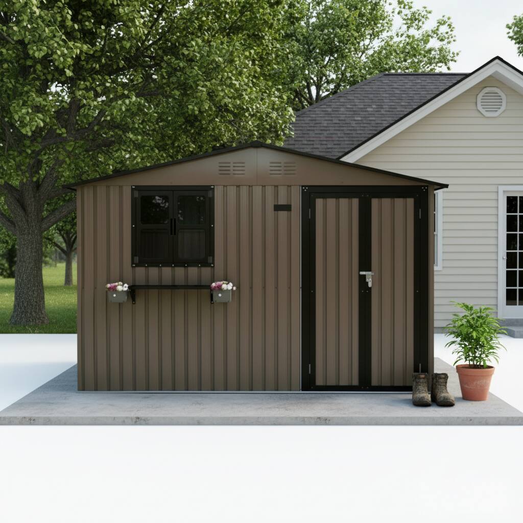 Angle. Anysun - 10x8 FT Outdoor Metal Storage Shed with Window & Flower Rack – Lockable Double Doors Tool Shed, Waterproof Weatherproof - Brown.