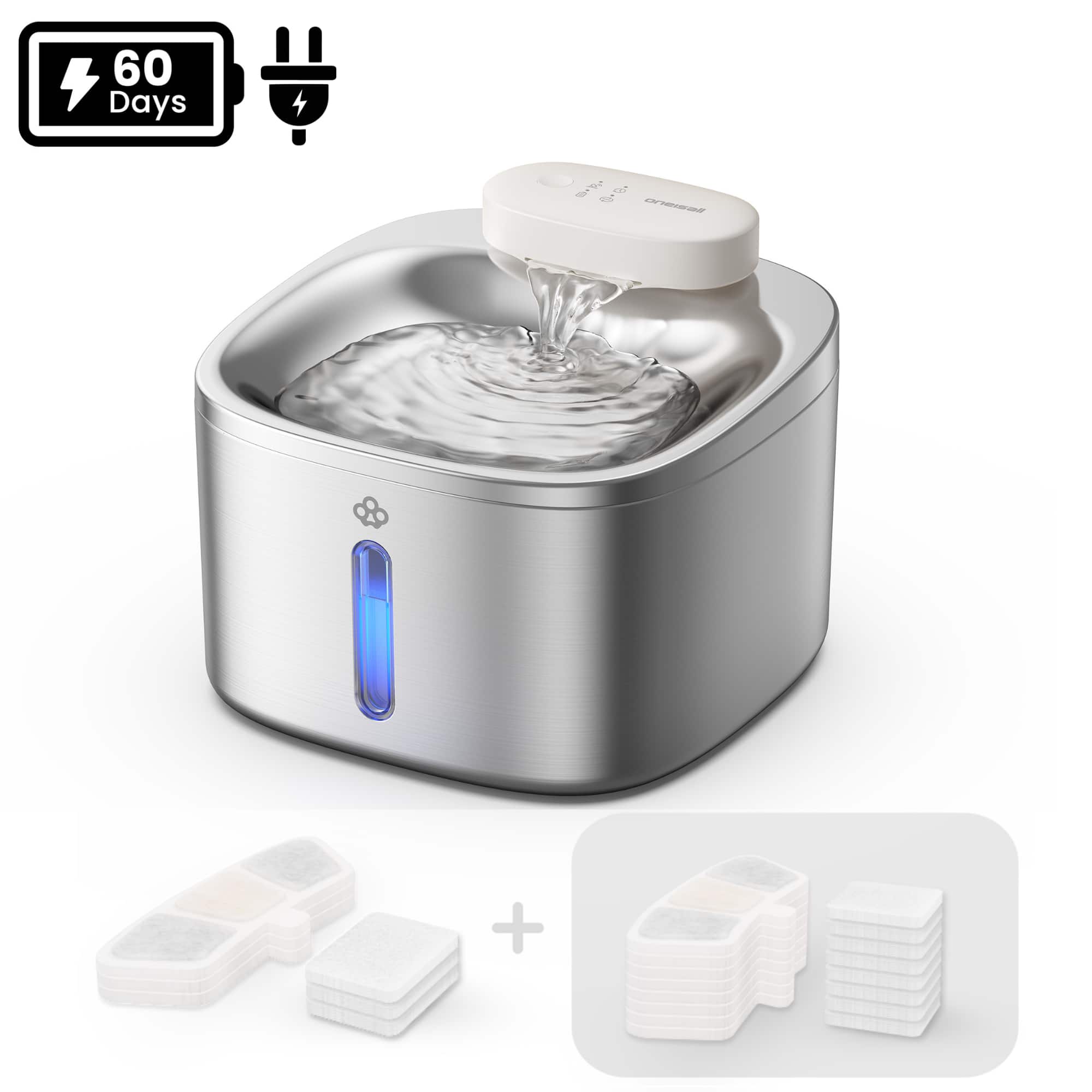 Oneisall - 3.5L 118oz Wireless Dog Cat Water Fountain Food Grade with 11 Filters Dual Supply Motion Sensor - Stainless Steel