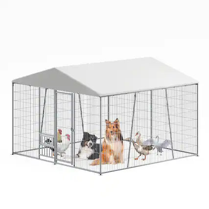 Front. Runesay - 10 x 10 FT Heavy-duty Outdoor Dog Kennel with Feeding Bowl Waterproof roof Wire Mesh Fence with Secure Lock..