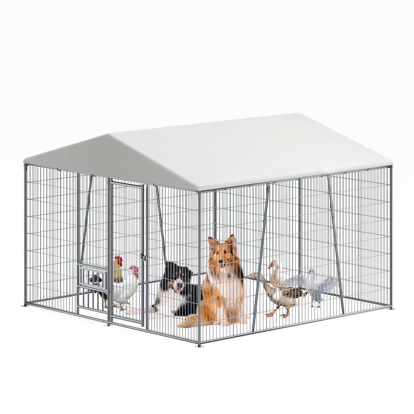 Front. Runesay - 10 x 10 FT Heavy-duty Outdoor Dog Kennel with Feeding Bowl Waterproof roof Wire Mesh Fence with Secure Lock..