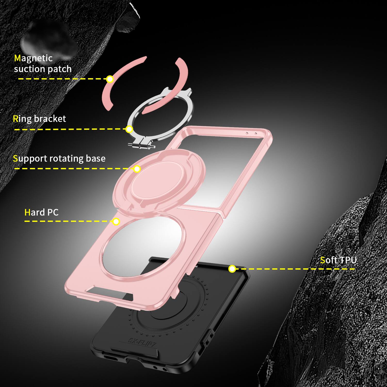 Magnetic suction patch  
Ring bracket  
Support rotating base  
Hard PC  
Soft TPU  
SX-FLIP7