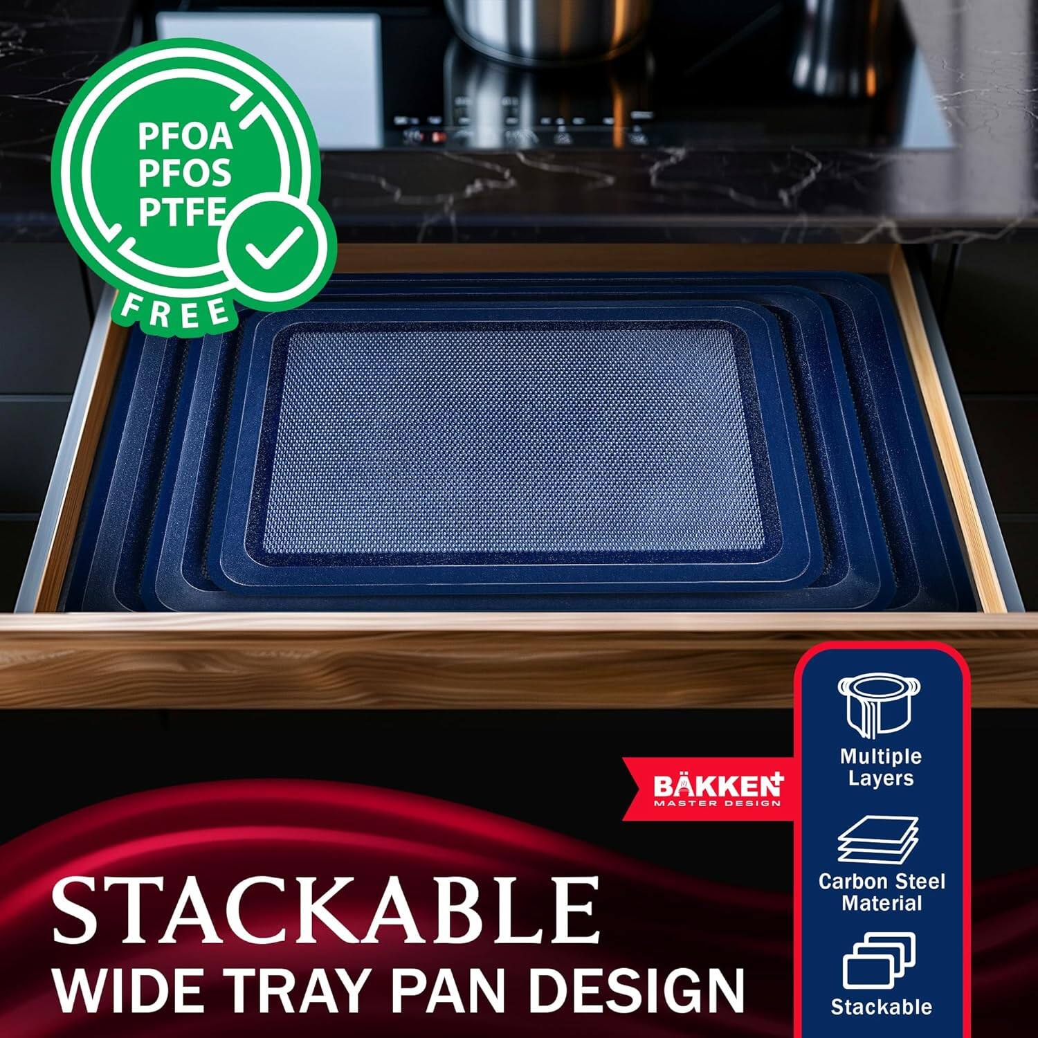 PFOA PFOS PTFE FREE, Multiple Layers, Carbon Steel Material, Stackable, Wide Tray Pan Design, Stackable