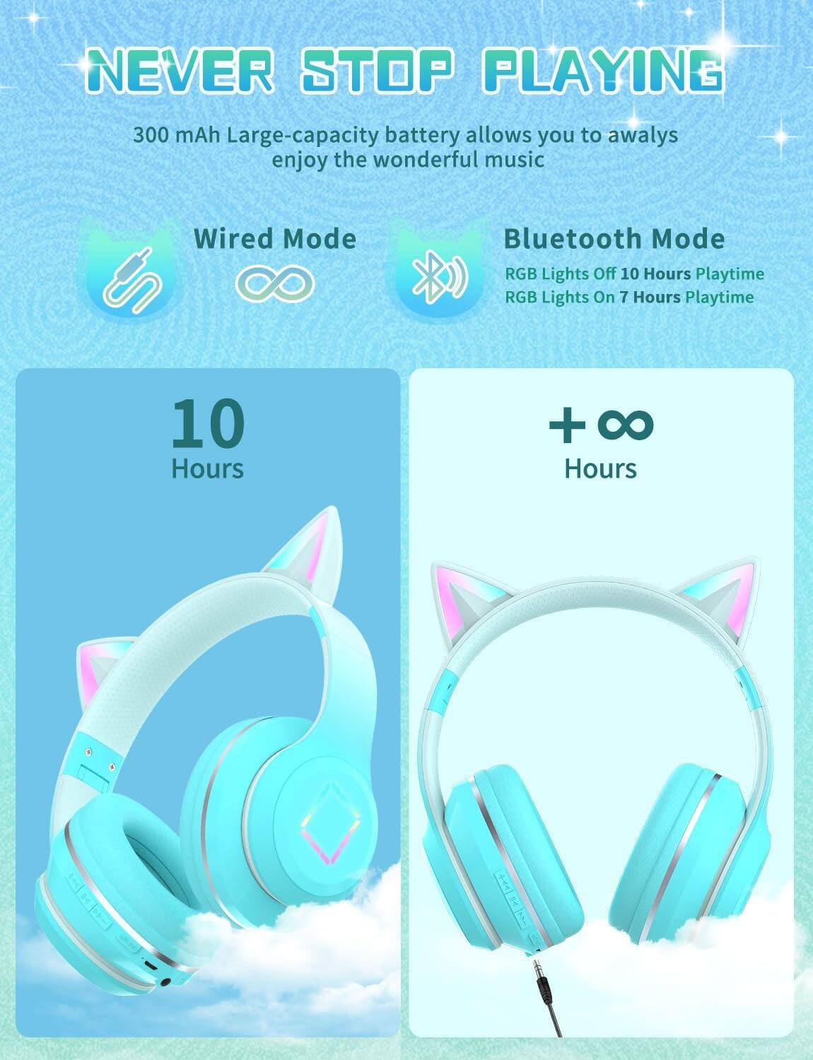 NEVER STOP PLAYING

300 mAh Large-capacity battery allows you to always enjoy the wonderful music

Wired Mode

Bluetooth Mode
- RGB Lights Off: 10 Hours Playtime
- RGB Lights On: 7 Hours Playtime

10 Hours

+ ∞ Hours