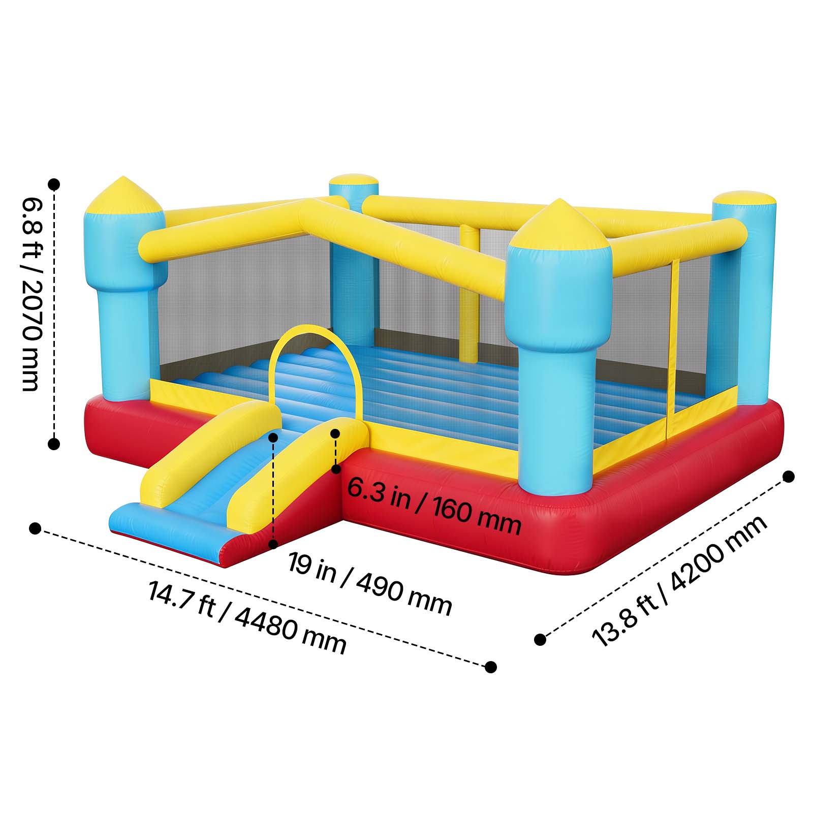6.8 ft / 2070 mm  
6.3 in / 160 mm  
19 in / 490 mm  
14.7 ft / 4480 mm  
13.8 ft / 4200 mm