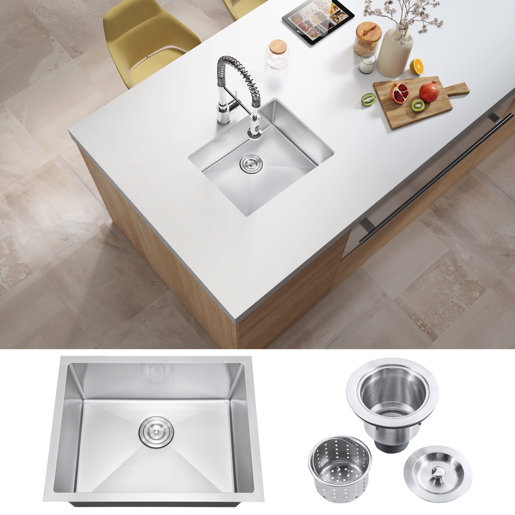 Akicon - 23 in. Undermount Single Bowl 20-Gauge Nano Kitchen Sink with Basket Strainer - Silver