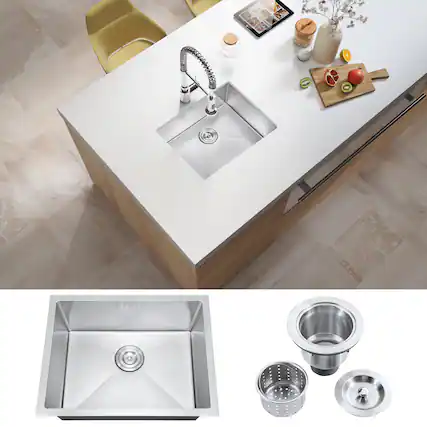 Front. Akicon - Akicon 23 in. Undermount Single Bowl 20-Gauge Silver Nano Kitchen Sink with Basket Strainer - Silver.
