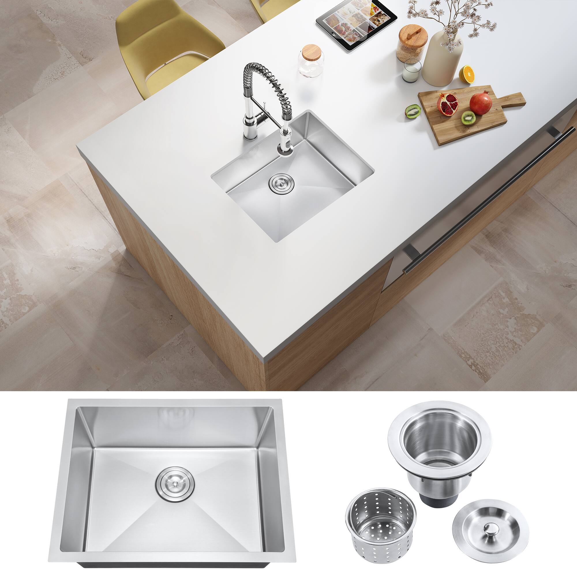 Front. Akicon - Akicon 23 in. Undermount Single Bowl 20-Gauge Silver Nano Kitchen Sink with Basket Strainer - Silver.