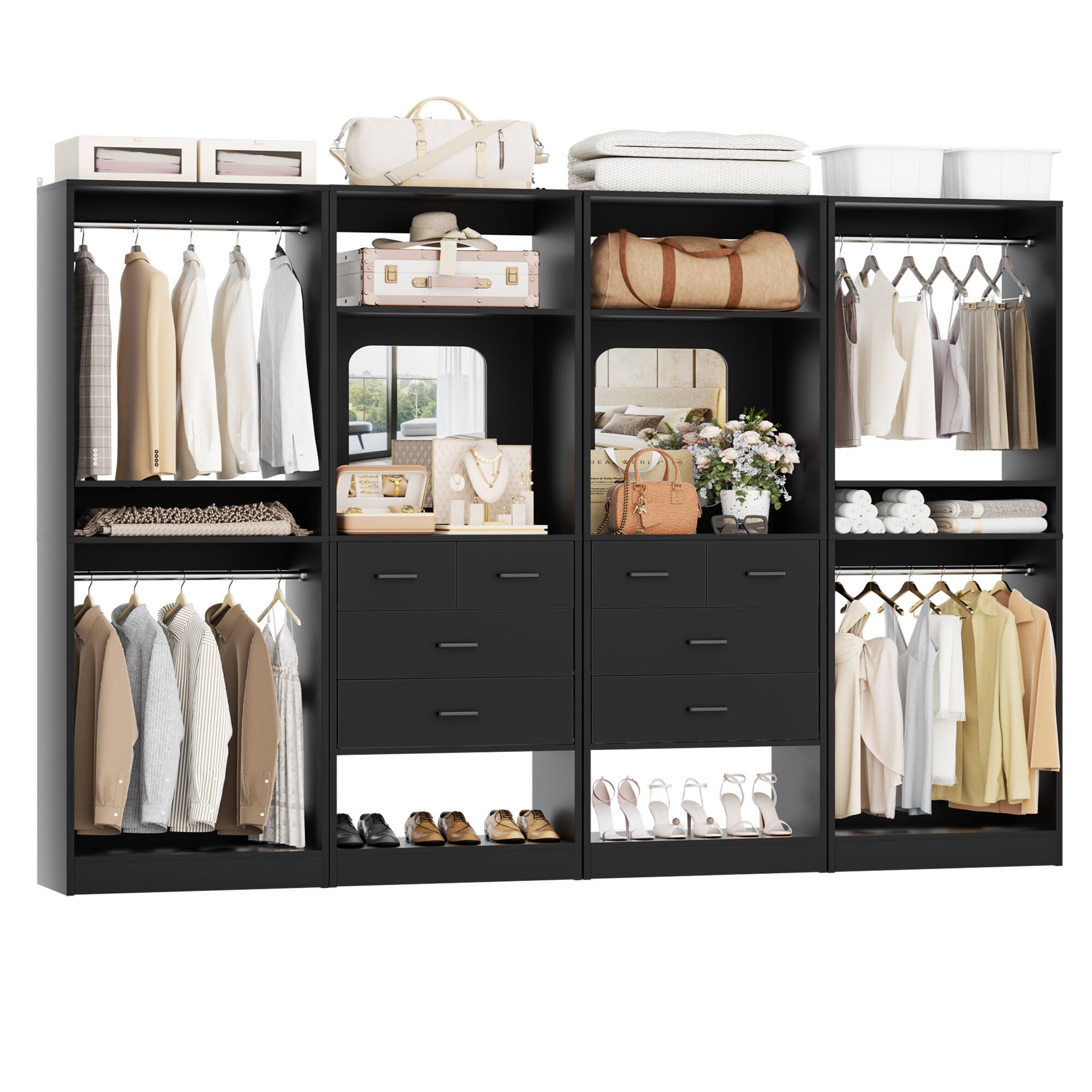 Angle. Aheaplus - 100'' Walk-In Closet Organizer System with 8 Drawers and 4 Hanging Rods for Storage and Organization - Black.