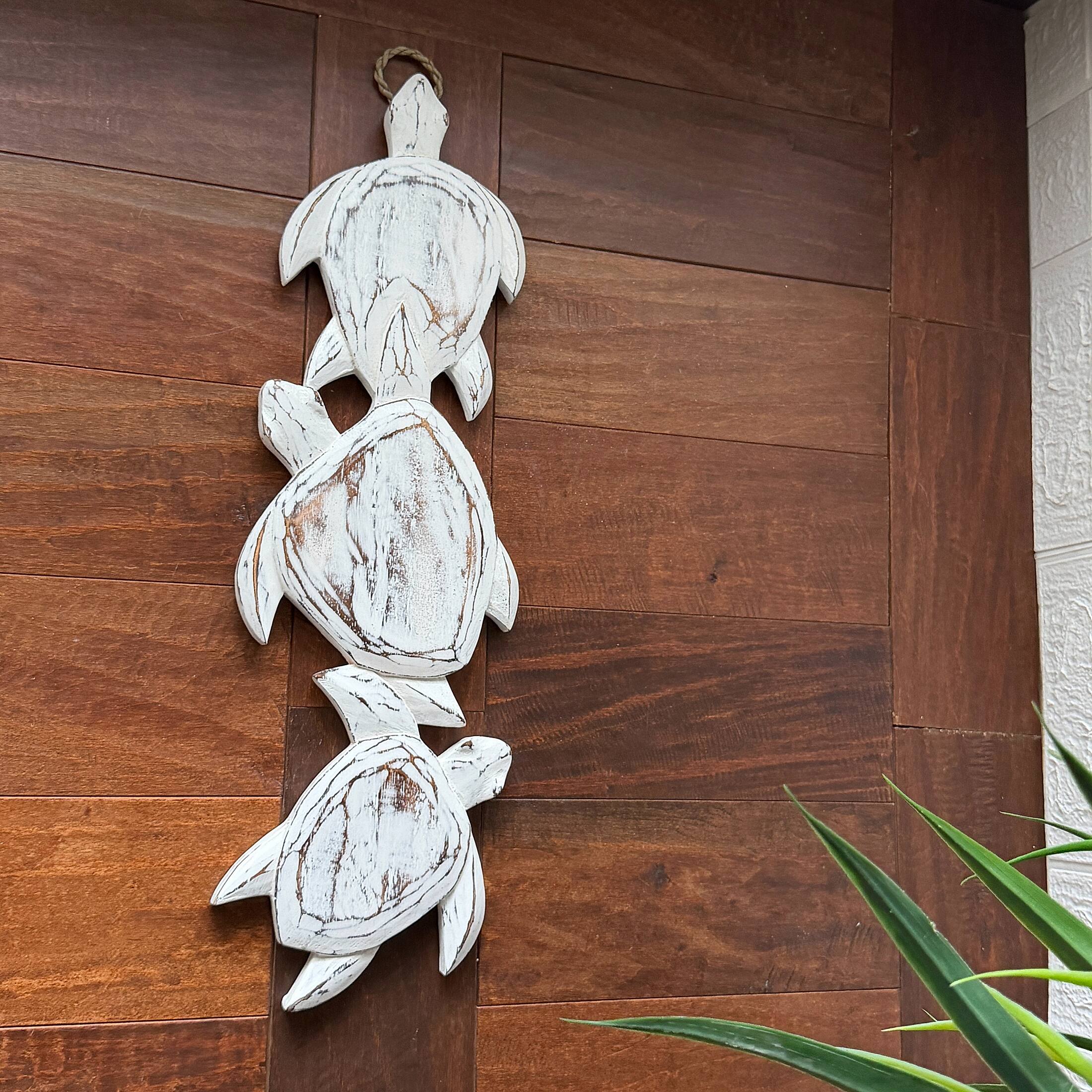 Alt View 3. Chesapeake Bay - Three Turtle Wood Wall Hanging Distressed White 24 Inch Coastal Nautical Decor - White.