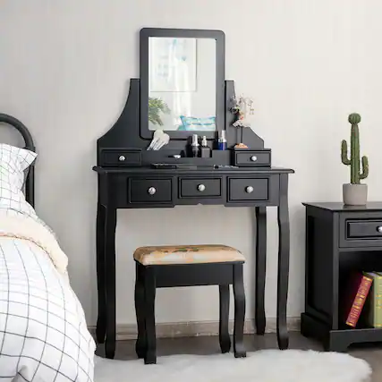 Front. Gymax - Gymax Vanity Set Makeup Dressing Table & Stool w/5 Drawers Black - Black.
