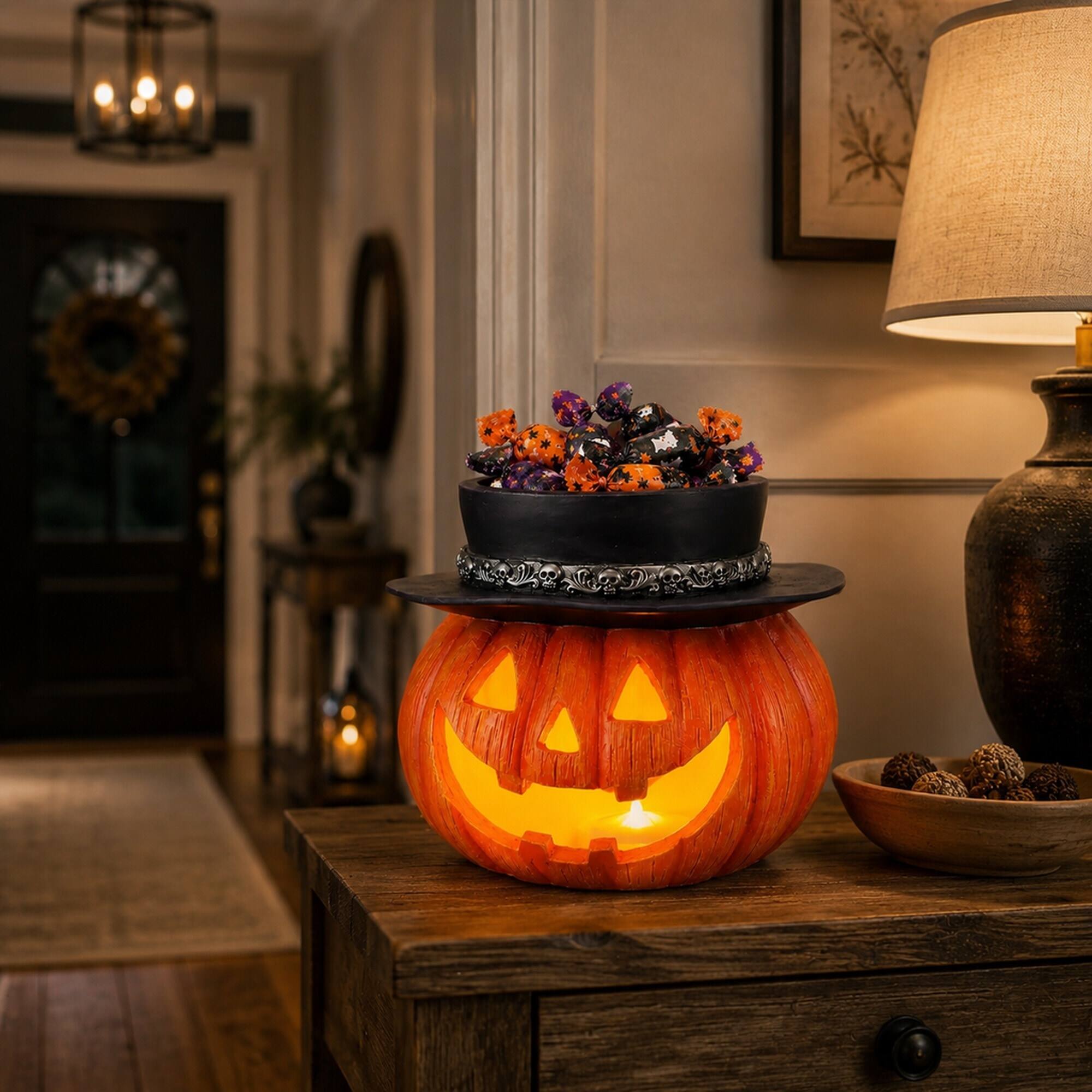 Alt View 1. RYHNUYNE - Halloween Pumpkin Candy Bowl with Witch Hat, Light Up Jack O Lantern Tabletop Storage for Spooky Home Party Decor - Yellow.