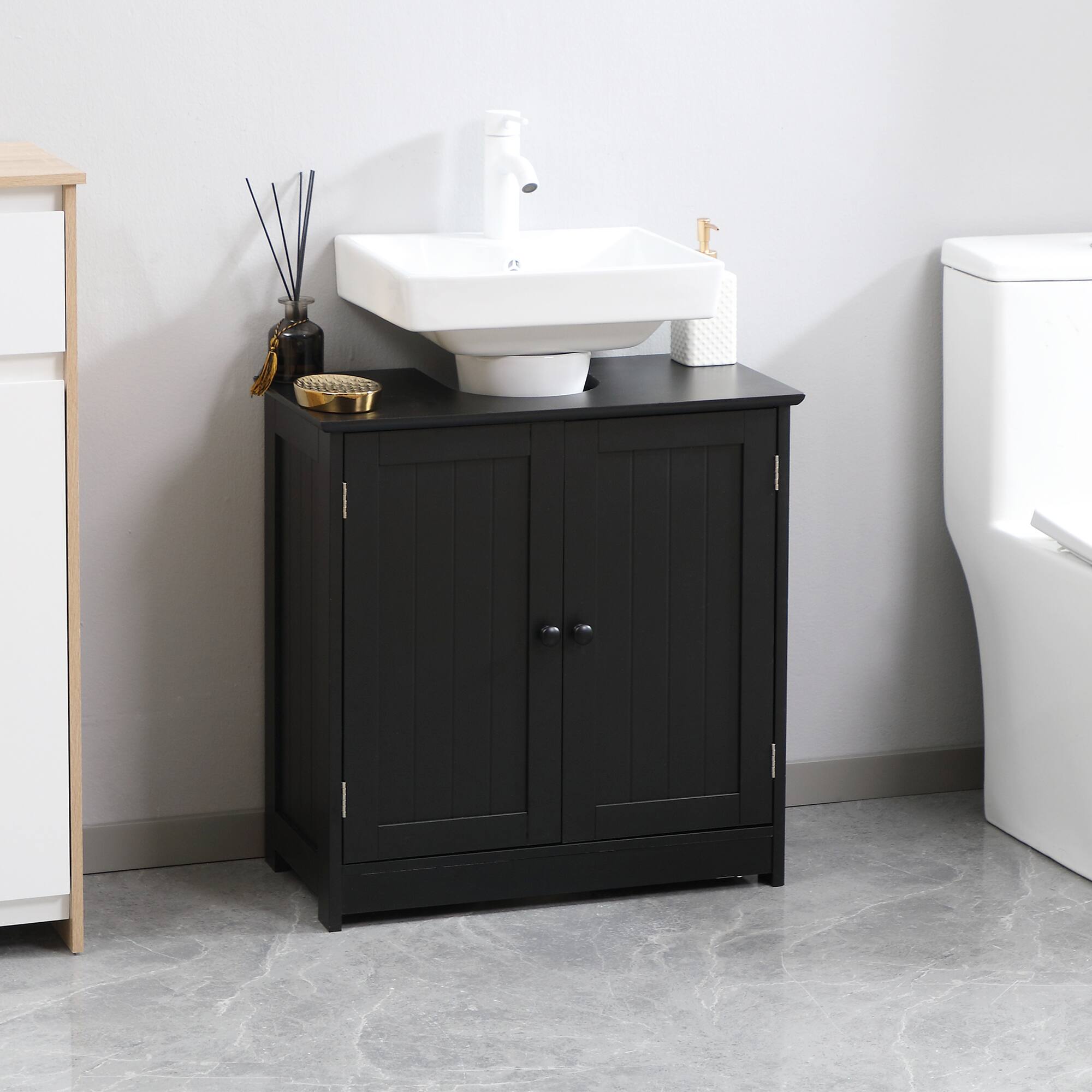 Alt View 1. Homcom - Sink Bathroom Cabinet, Pedestal Sink Storage Cabinet with 2 Doors - Black.