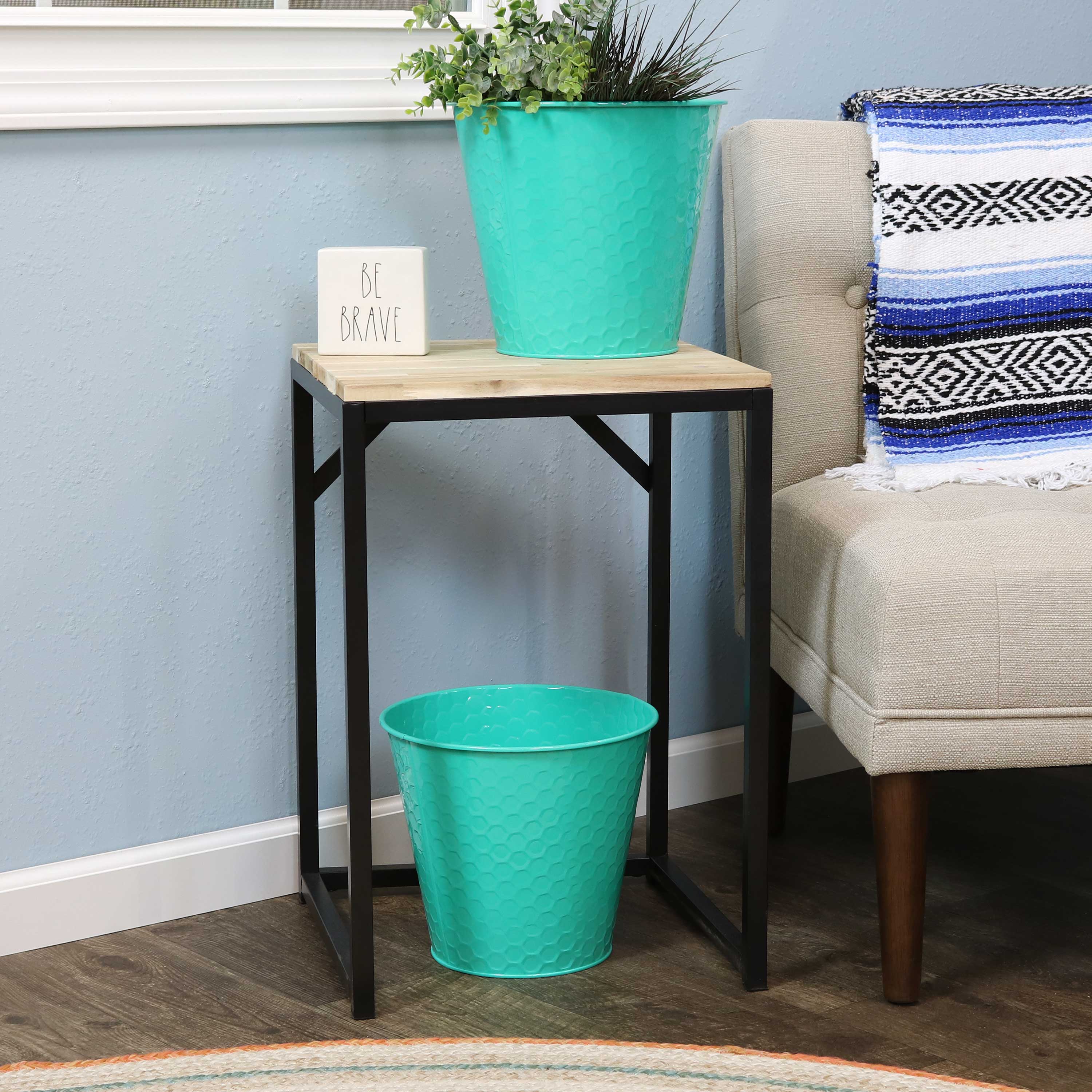 Alt View 4. Sunnydaze - Galvanized Steel Planters with Hexagon Pattern - Set of 4 - Teal.