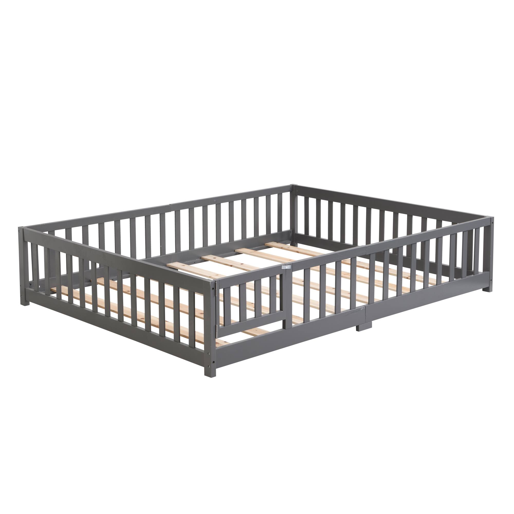 Back. GOODSILO - Twin Size Solid Wood Platform Floor Bed with Safety Guardrails and Door for Children's Room - Gray.