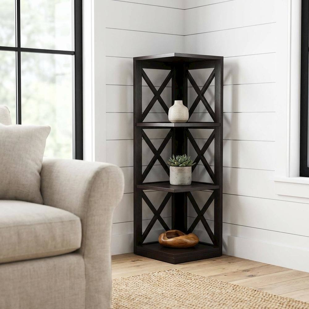 Back. FurniFact - Corner Bookcase in Finish with 3 Tiers - Espresso.