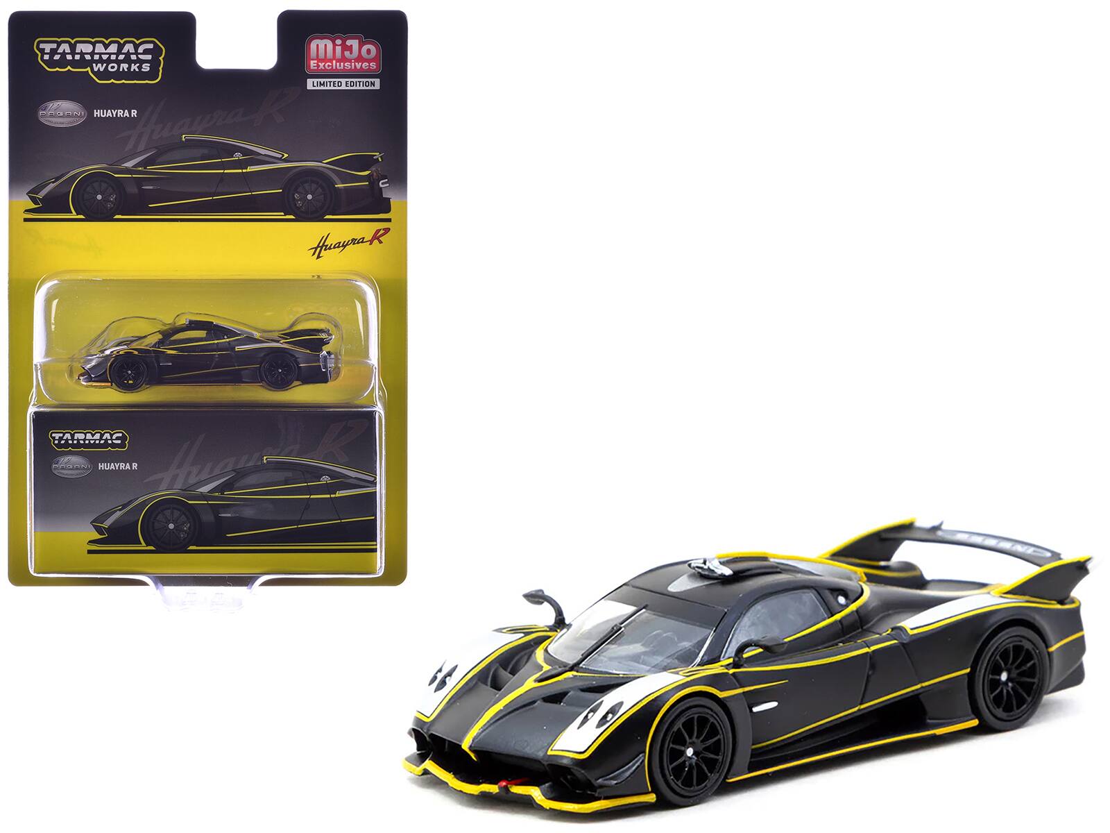 "Pagani Huayra R Matt Black with Silver Accents and Yellow Stripes ""Global64"" Series 1/64 Diecast Model by Tarmac Works" price history on PriceWatchPro