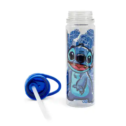 Front. Disney - Disney Lilo & Stitch Floral Glitter Plastic Water Bottle | Holds 18 Ounces - Multi-Colored.