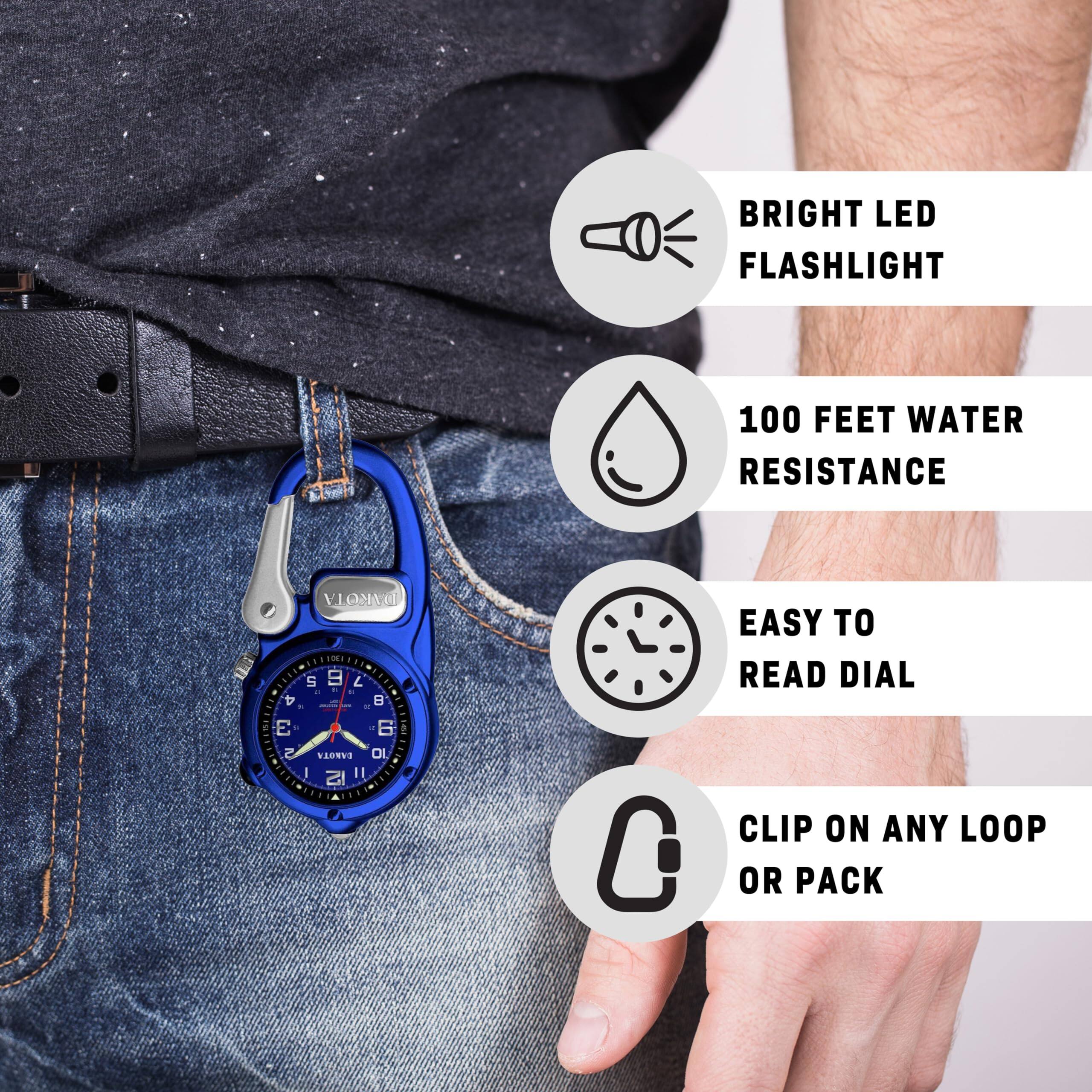 BRIGHT LED FLASHLIGHT  
100 FEET WATER RESISTANCE  
EASY TO READ DIAL  
CLIP ON ANY LOOP OR PACK