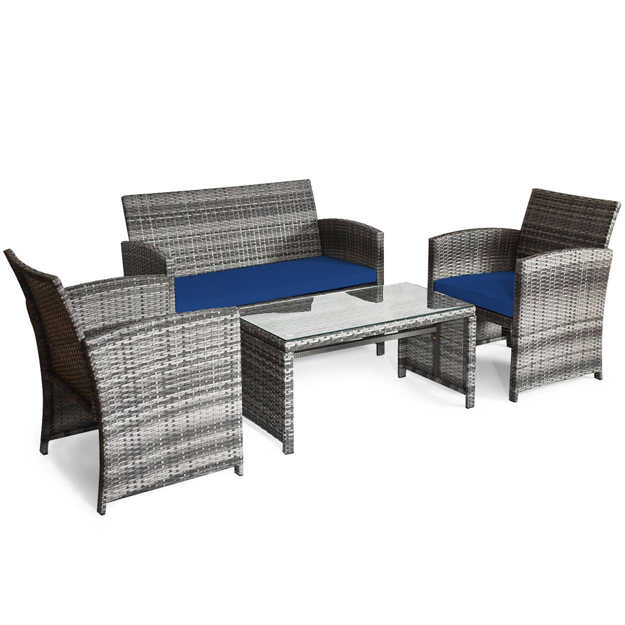 Alt View 9. Gymax - Gymax 8PCS Patio Outdoor Rattan Conversation Furniture Set w/ Navy Cushion - Navy.
