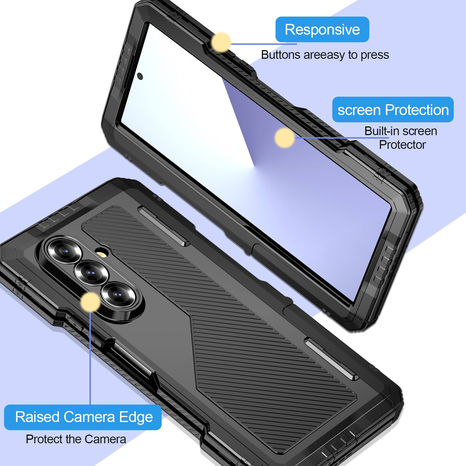 Responsive Buttons are easy to press  
screen Protection  
Built-in screen Protector  
Raised Camera Edge  
Protect the Camera