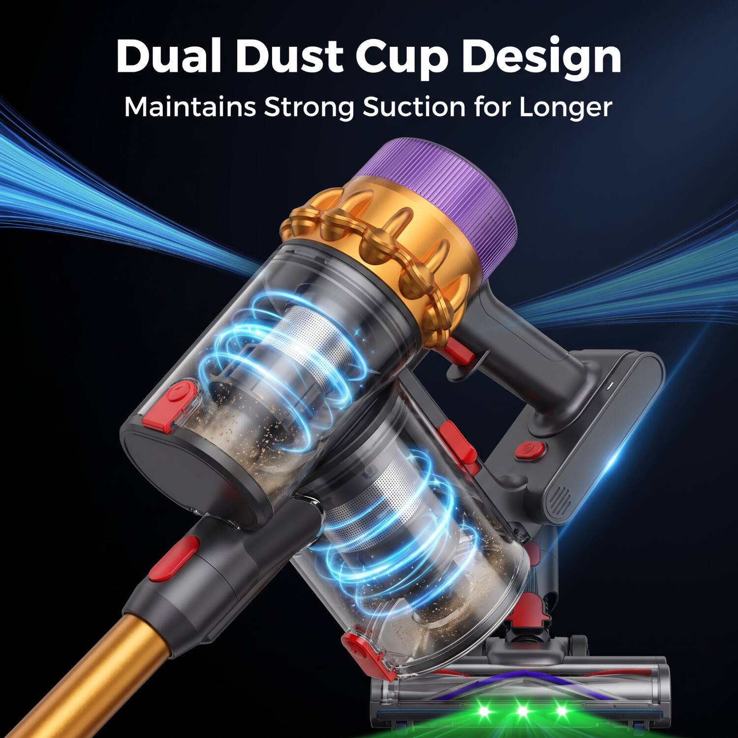 Dual Dust Cup Design Maintains Strong Suction for Longer
