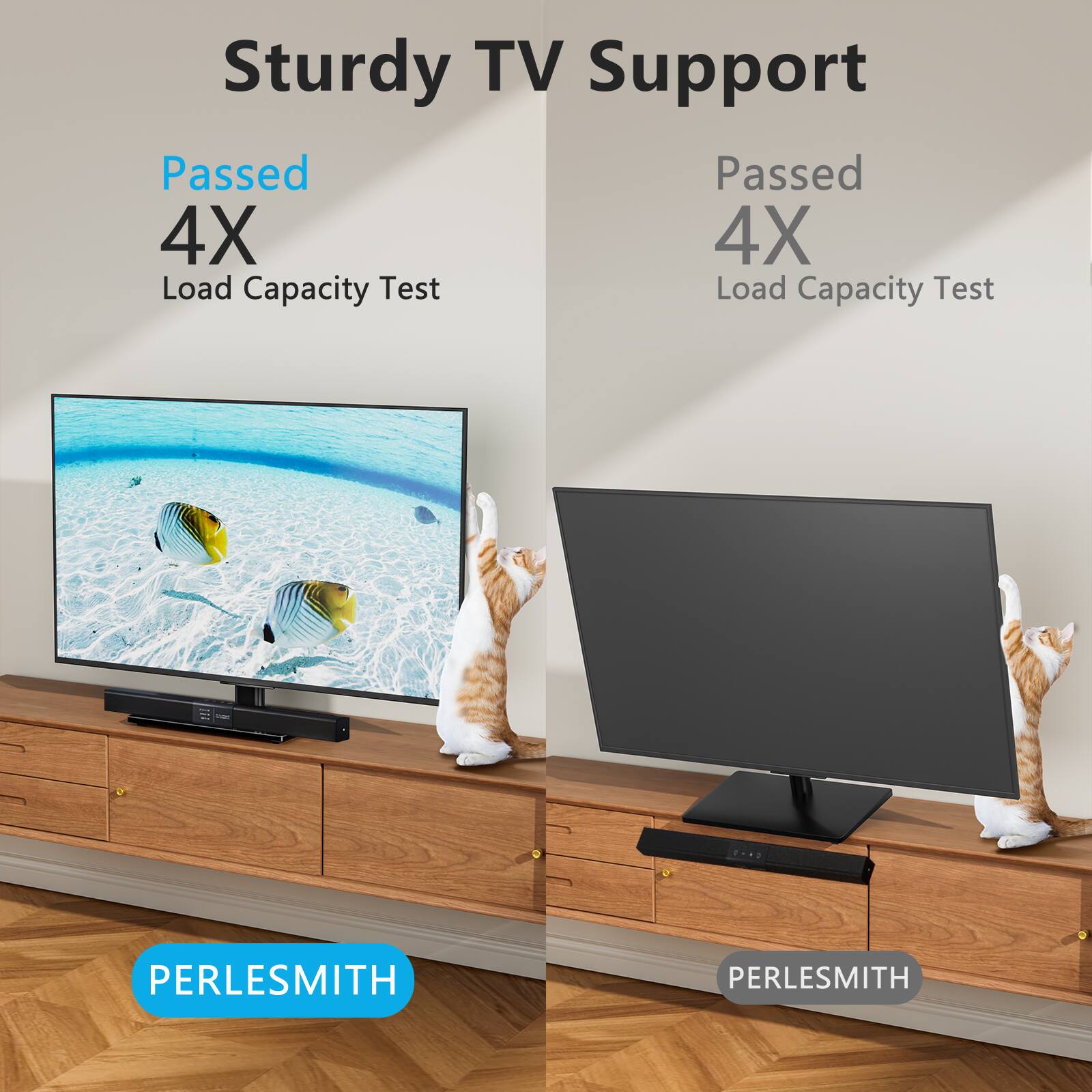 Sturdy TV Support

Passed  
4X  
Load Capacity Test

Passed  
4X  
Load Capacity Test

PERLESMITH  
PERLESMITH