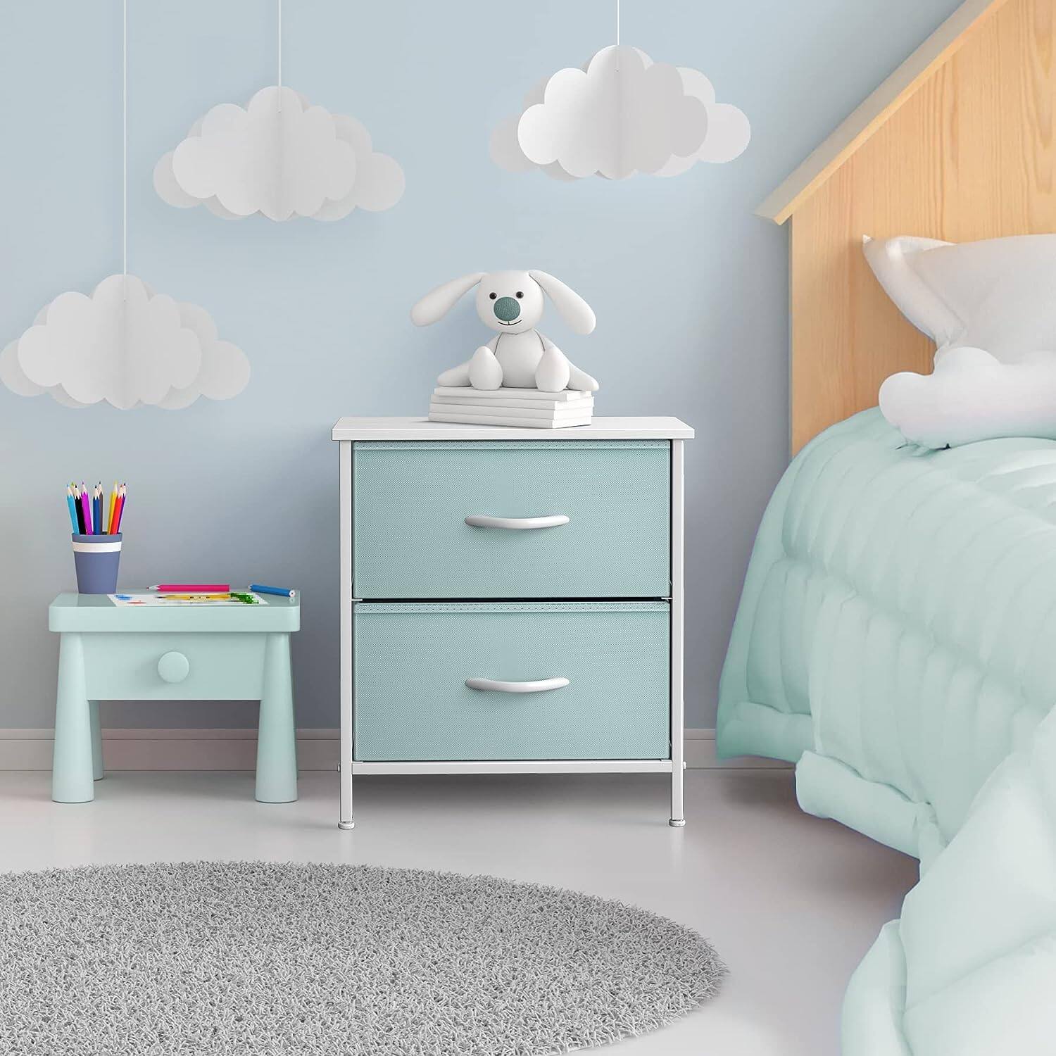 Angle. Sorbus - Sorbus Nightstand with 2 Drawers - Steel Frame, Wood Top &Fabric Bins -Home, Bedroom, Office &College Dorm, Kids Bedside - Aqua.