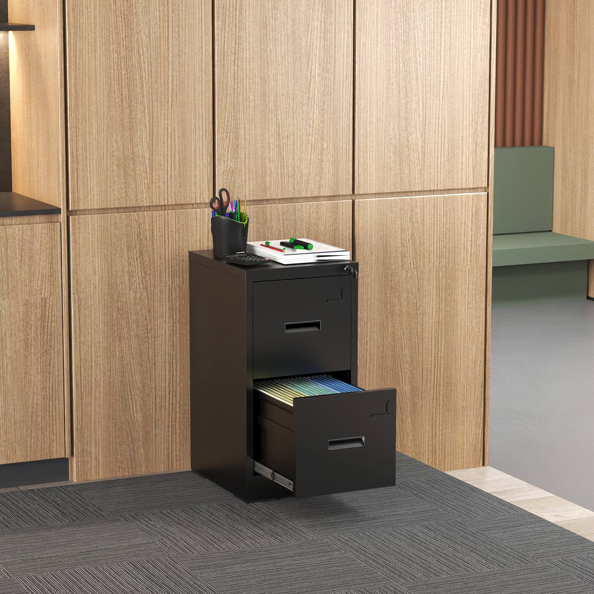 Alt View 9. Ecooso - 2 Drawer Metal Vertical File Cabinet with Lock, Office File Cabinet with Card Slot for A4 Letter Legal Files - Black.