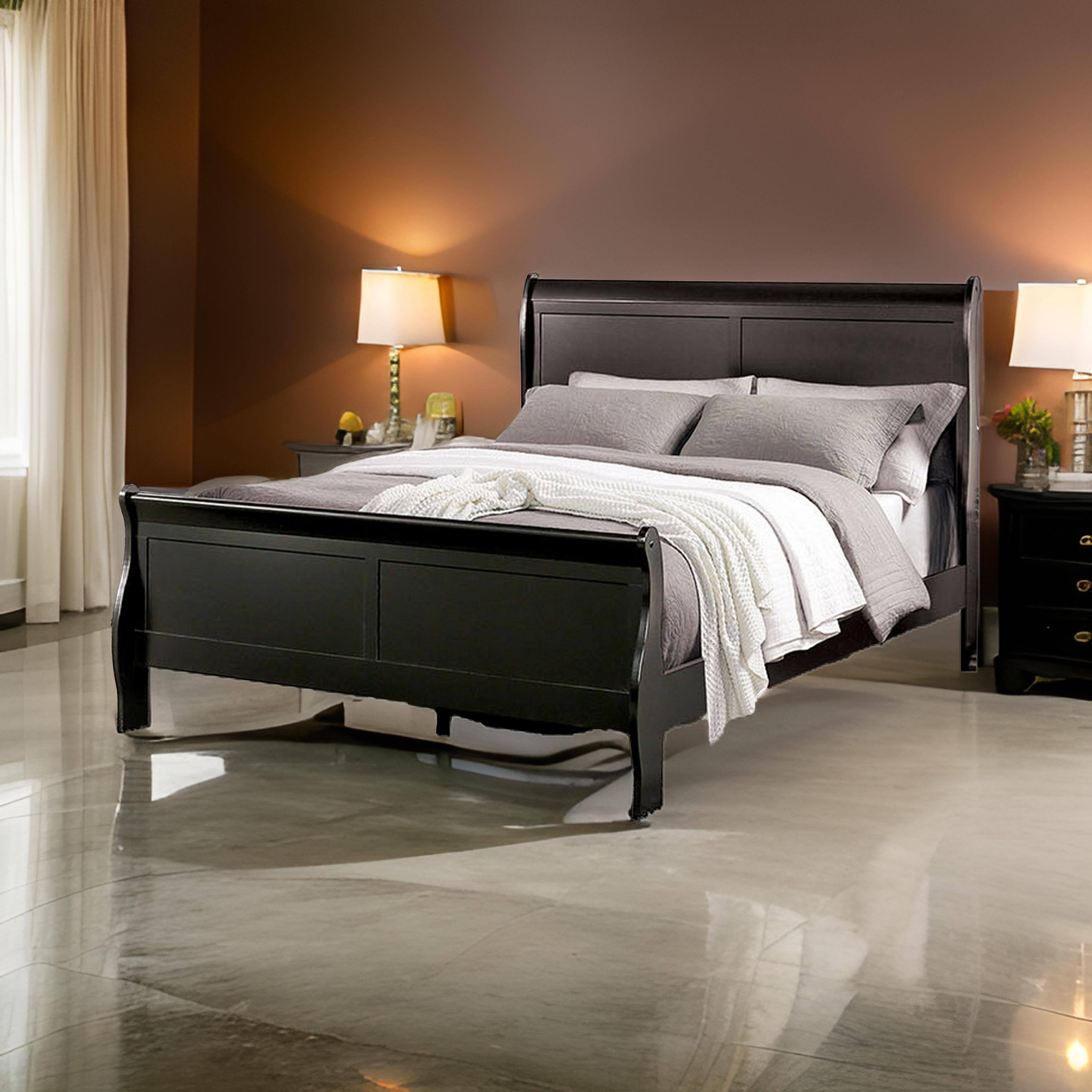 Alt View 5. Manhattan Lane - Ryla Full Size Bed, Sleigh Panel Headboard and Footboard, Black Solid Wood - Black.