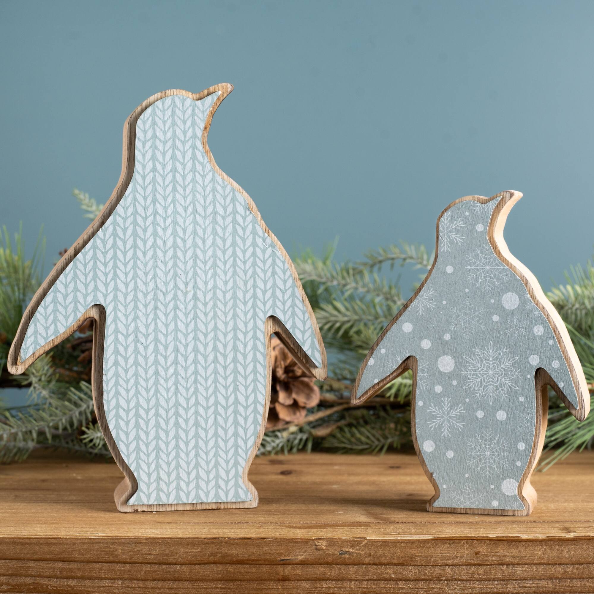 Angle. BreeBe - Wood Penguin Decor (Set of 2) - Blue, Brown.