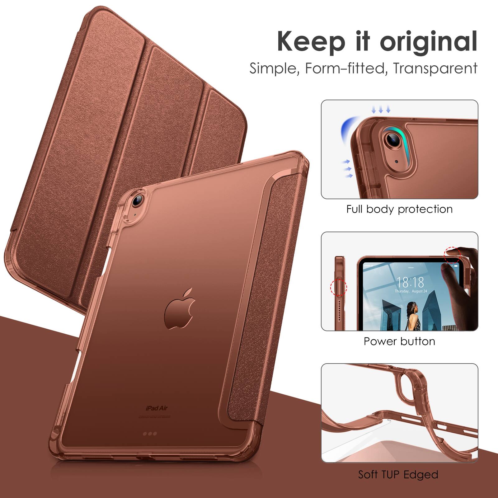 Keep it original  
Simple, Form-fitted, Transparent  

Full body protection  

Power button  

Soft TUP Edged