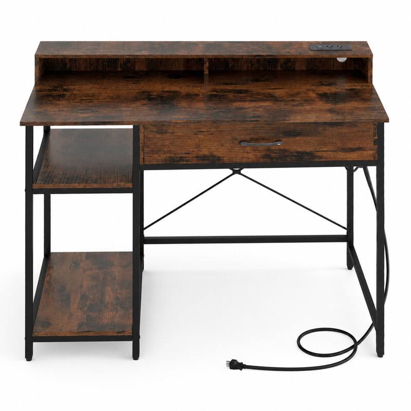 Alt View 5. WELLFOR - 42 Inch Computer Desk with Drawer & USB Power Outlets, Home Office Desk with Storage Shelves - Rustic Brown.