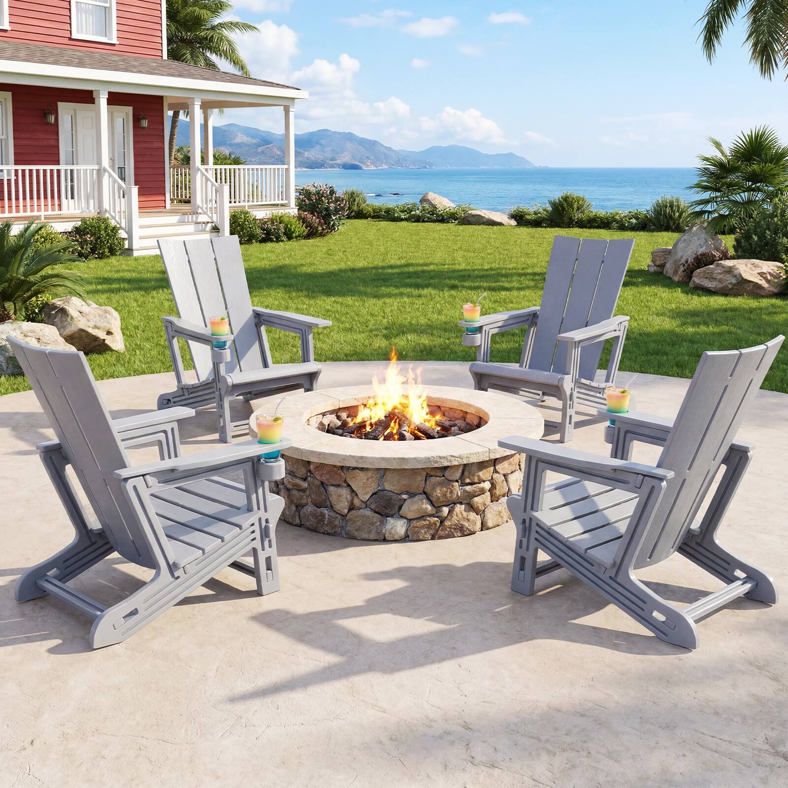 Alt View 1. Gymax - Gymax Adirondack Chairs Set of 4 w/ Cup Holder Wood Texture for Garden Backyard - Gray.